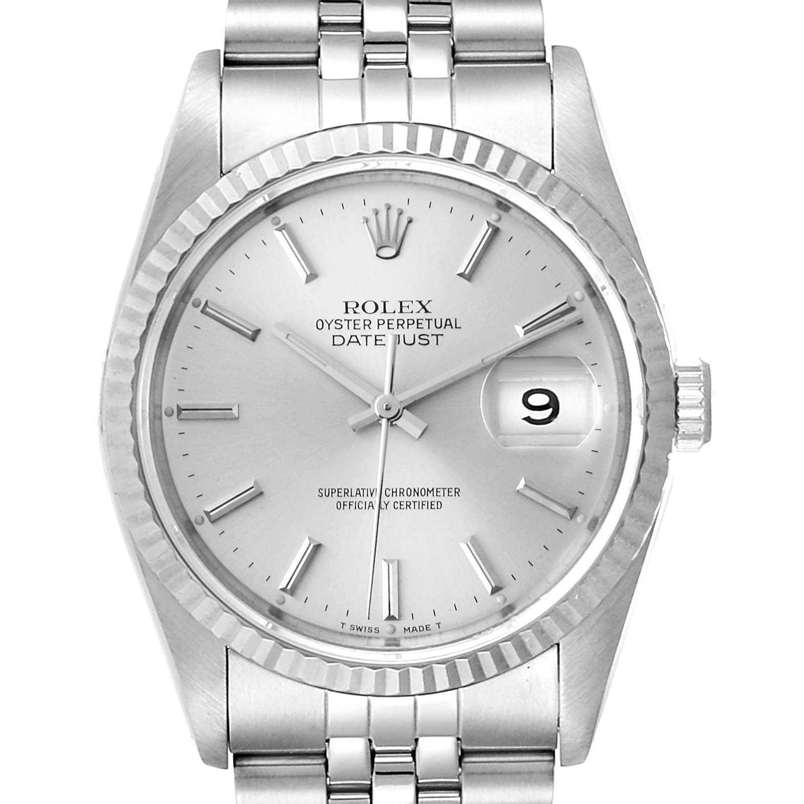 The Rolex Datejust 16234 Men's Stainless Steel Silver Dial 16234 Men's Stainless Steel Silver Dial watch is shown from the front, displaying the dial, bezel, crown, and part of the bracelet.