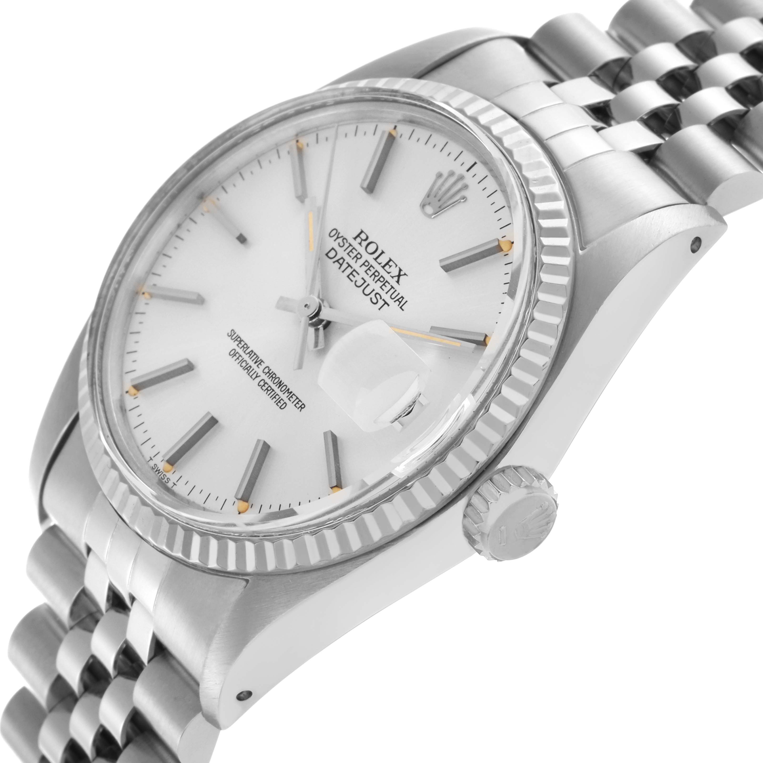 The Rolex Datejust 16014 Men's Stainless Steel White Dial 16014 Men's Stainless Steel White Dial watch is shown at a three-quarter angle, highlighting the dial, bezel, crown, and bracelet.