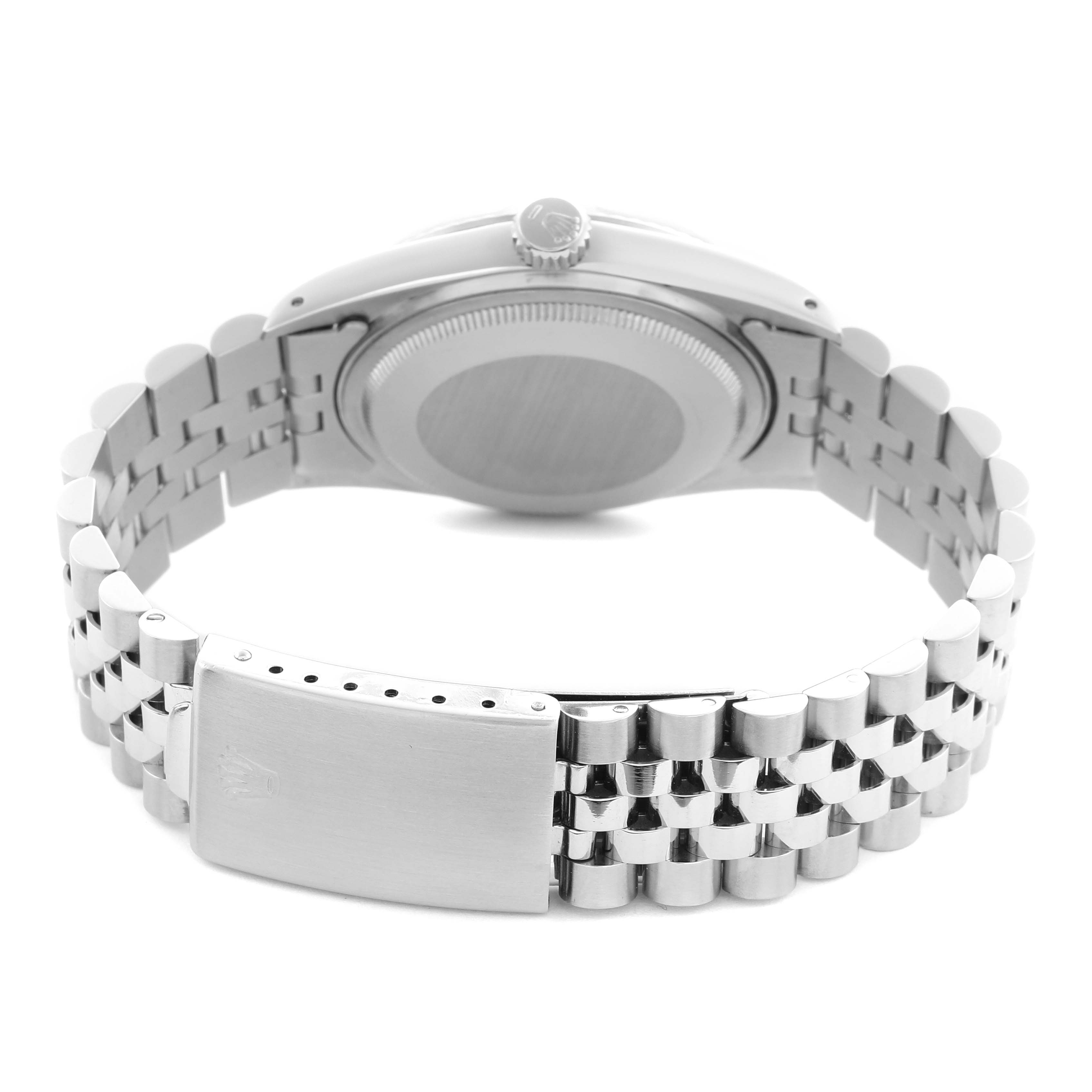 The image shows the back view of a Rolex Datejust 16014 Men's Stainless Steel White Dial 16014 Men's Stainless Steel White Dial watch, focusing on the bracelet and clasp.