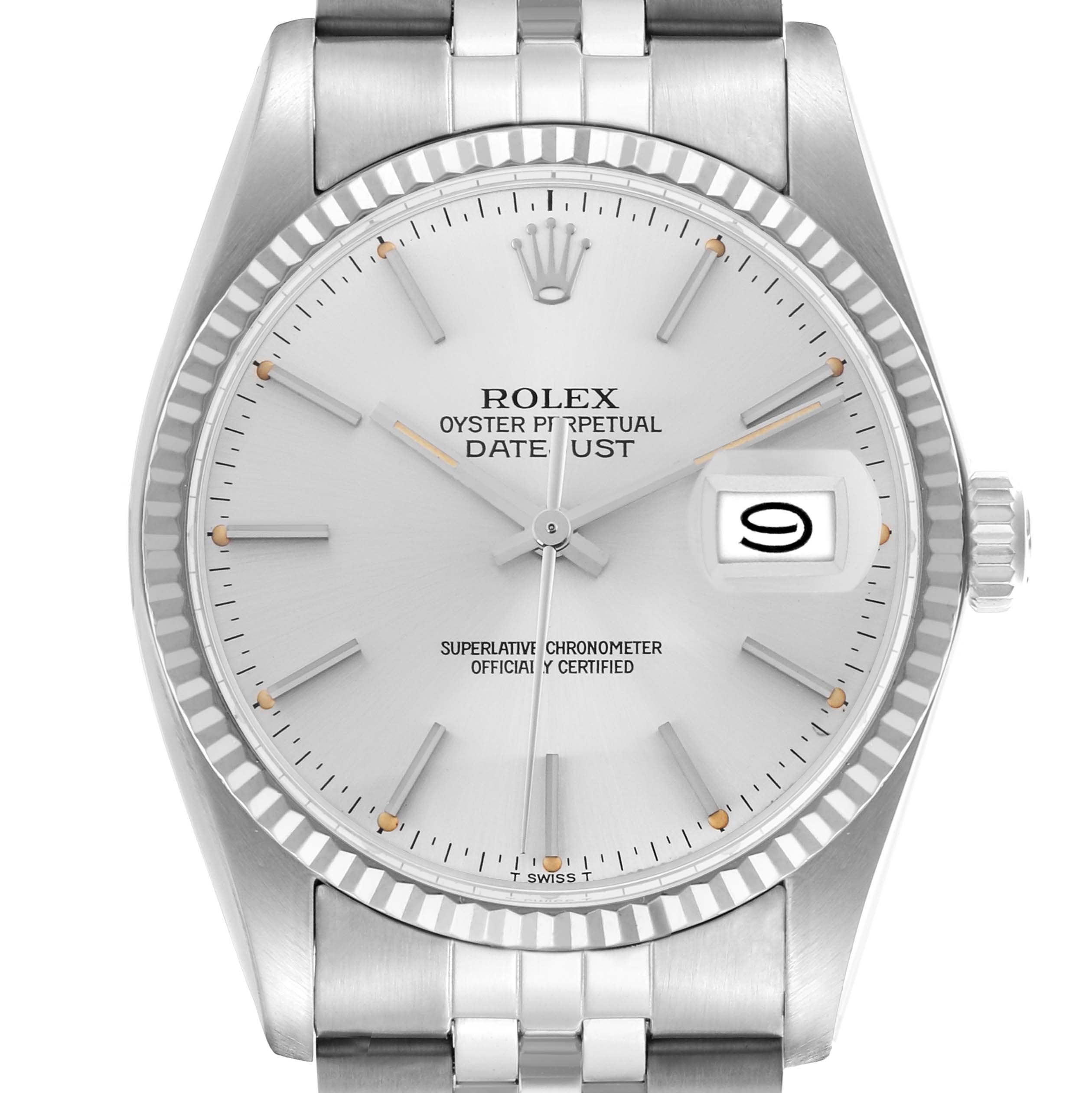 The Rolex Datejust 16014 Men's Stainless Steel White Dial 16014 Men's Stainless Steel White Dial watch is shown from the front, displaying the dial, hands, date, bezel, and part of the bracelet.