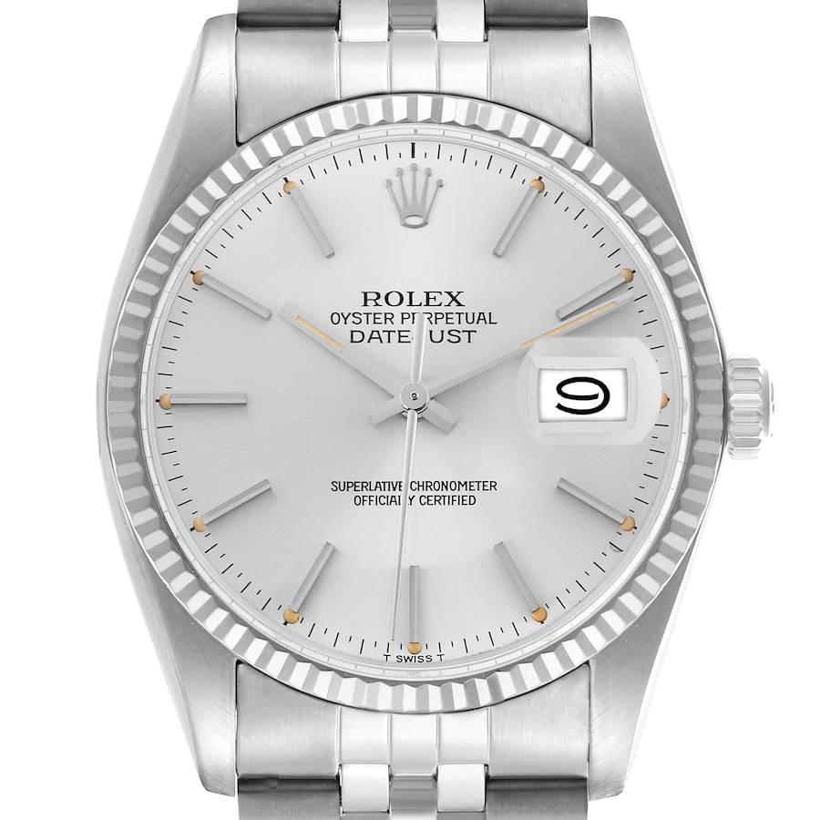 The Rolex Datejust watch is shown from the front, displaying the dial, hands, date, bezel, and part of the bracelet.