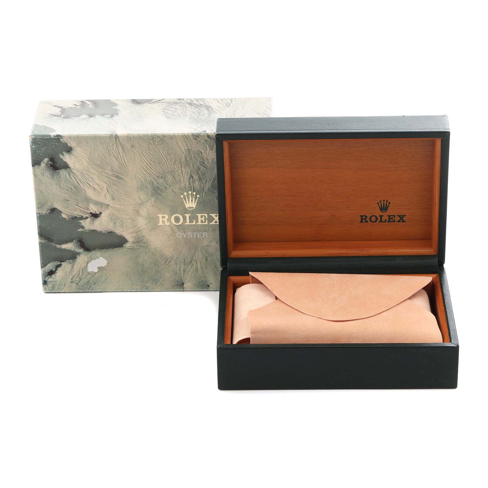 The image shows a Rolex Datejust 16014 Men's Stainless Steel White Dial 16014 Men's Stainless Steel White Dial box, with an outer box and an inner wooden case, partially open.