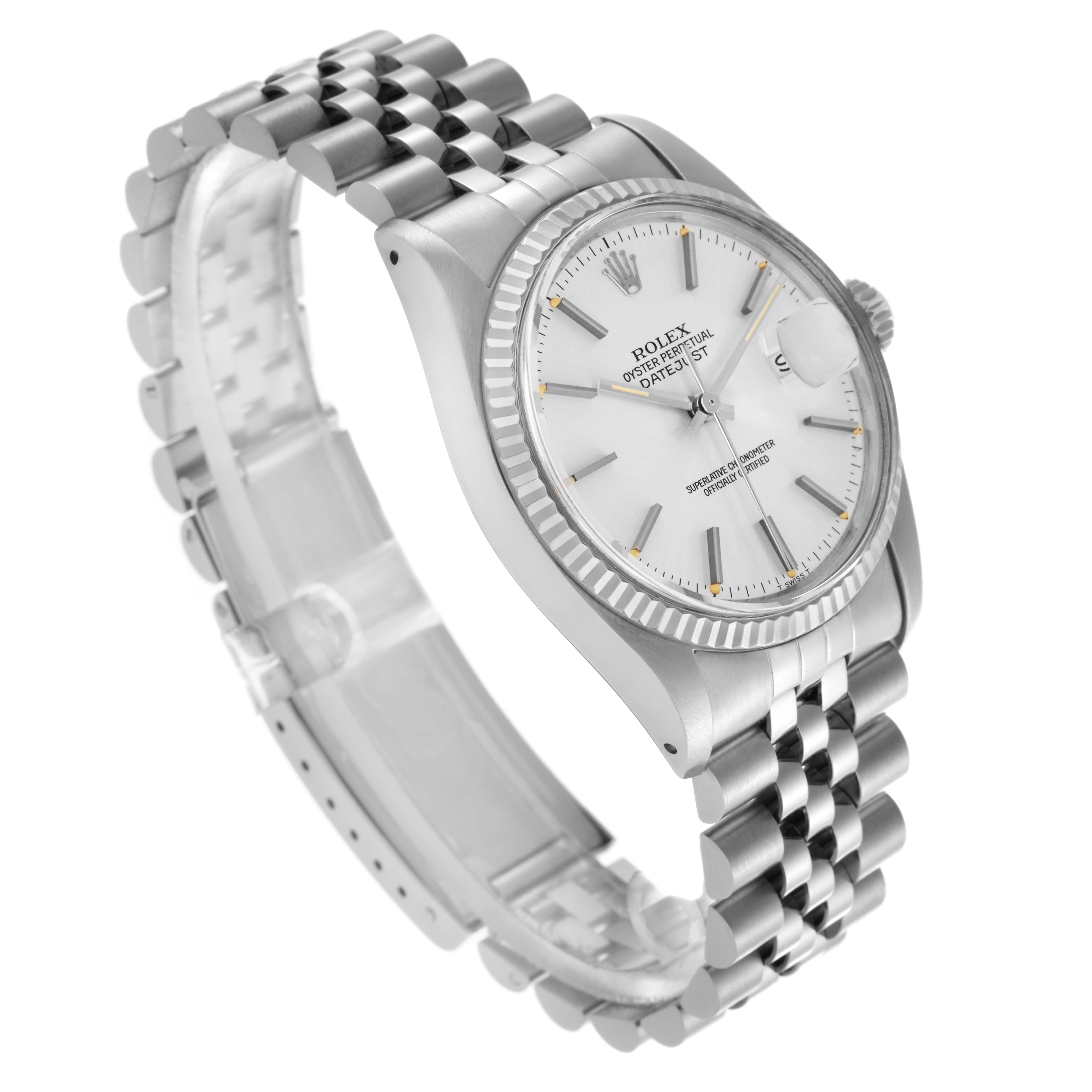 The Rolex Datejust 16014 Men's Stainless Steel White Dial 16014 Men's Stainless Steel White Dial watch is shown at a three-quarter angle, highlighting the dial, bezel, and Jubilee bracelet.