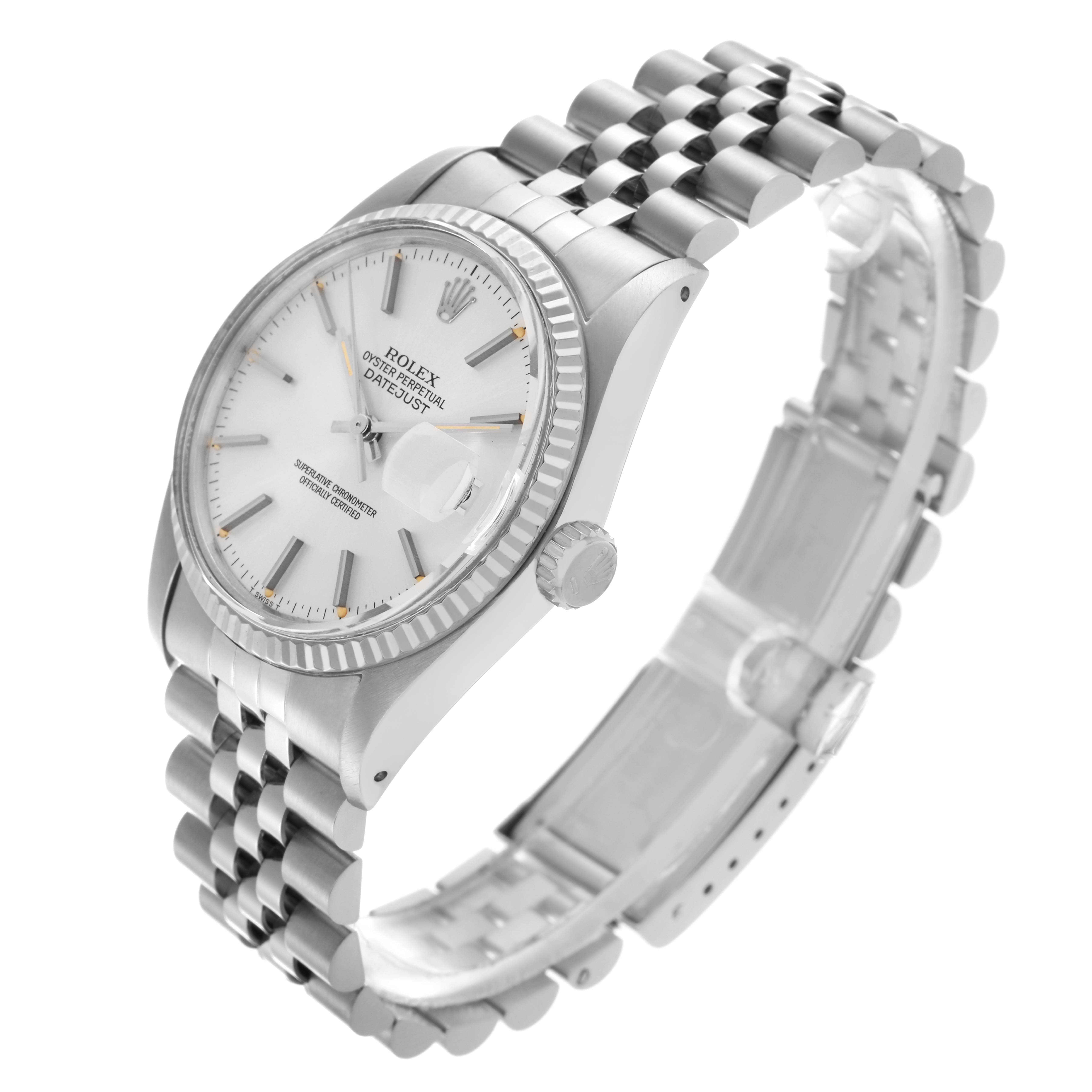 The Rolex Datejust 16014 Men's Stainless Steel White Dial 16014 Men's Stainless Steel White Dial watch is shown at an angled side view, highlighting the face, bezel, crown, and Jubilee bracelet.