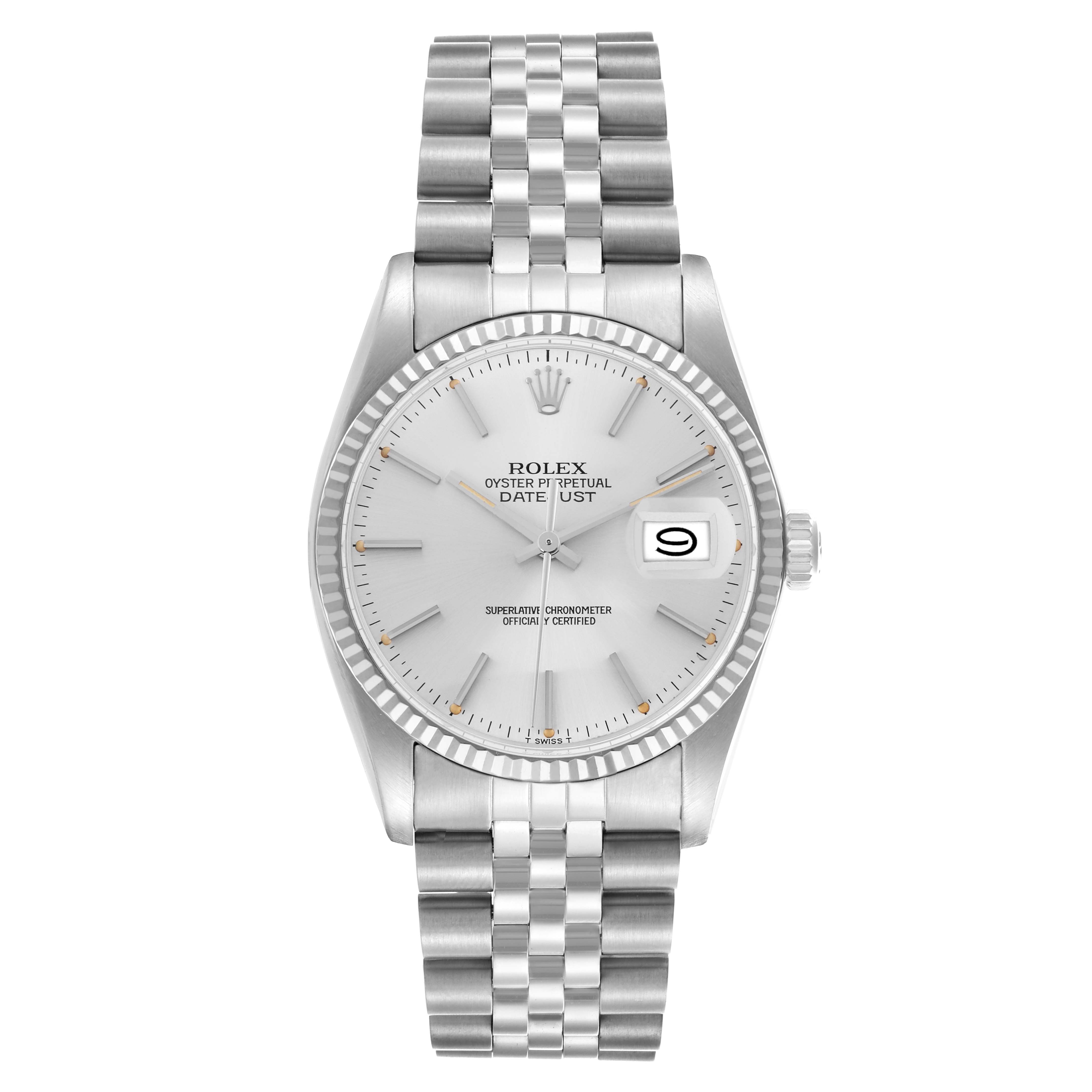The Rolex Datejust 16014 Men's Stainless Steel White Dial 16014 Men's Stainless Steel White Dial watch is shown from a top-down angle, displaying the dial, bezel, band, and date window.