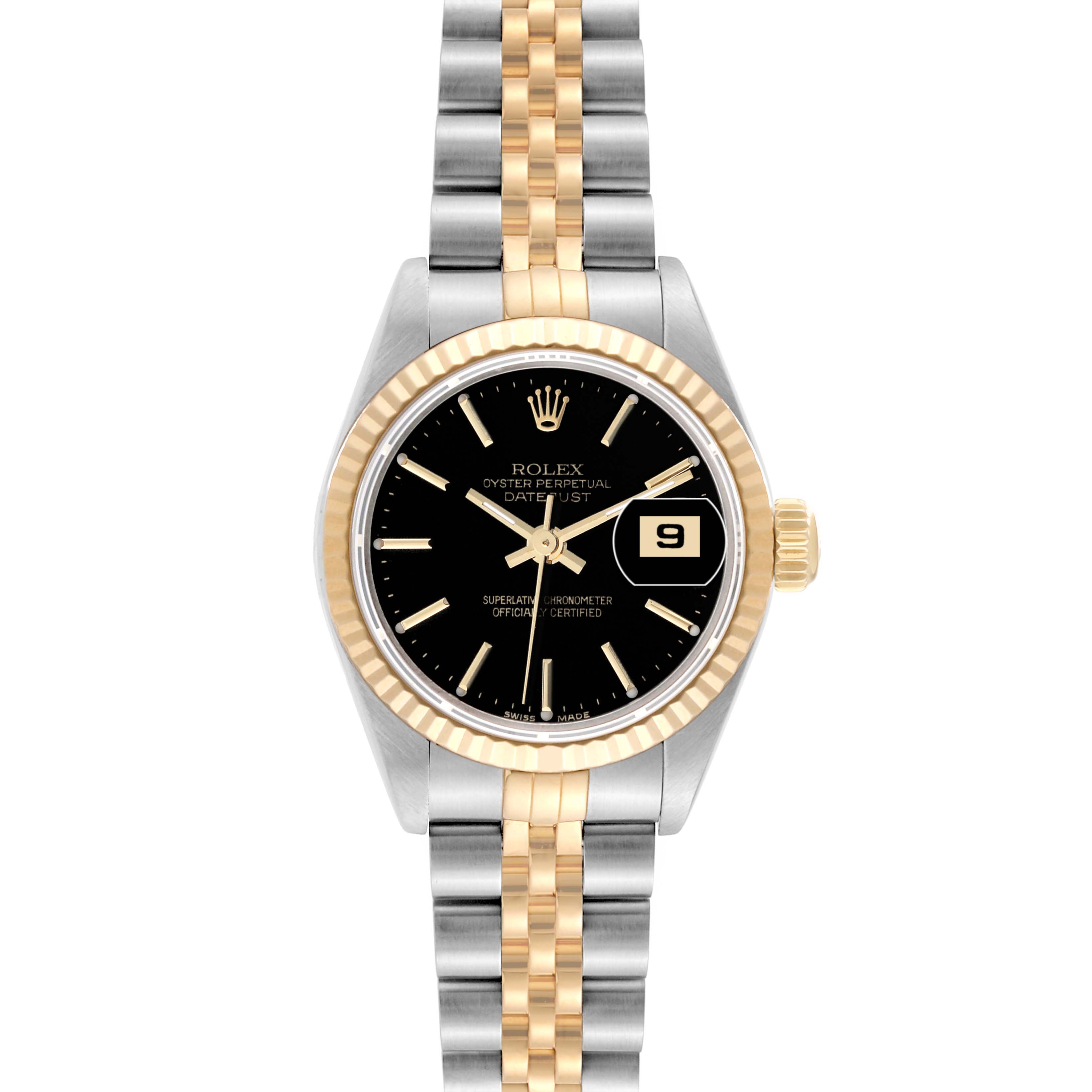 This image shows a front view of a Rolex Datejust 79173 Women's Steel and Gold (two tone) Black Dial 79173 Women's Steel and Gold (two tone) Black Dial watch, displaying its two-tone bracelet, black dial, and date window.