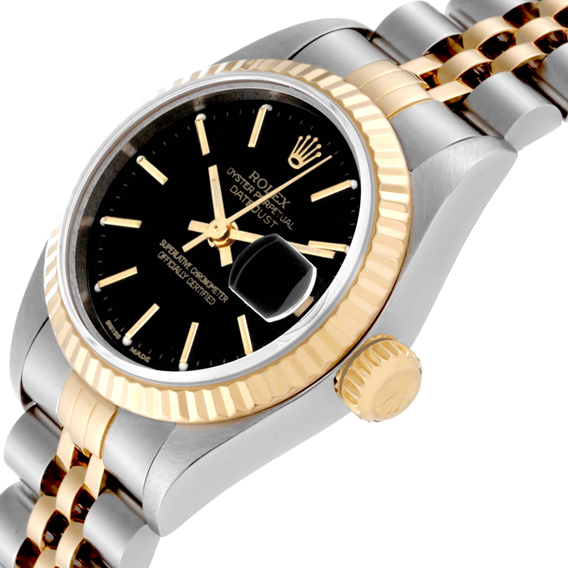 The image shows the side view of a Rolex Datejust 79173 Women's Steel and Gold (two tone) Black Dial 79173 Women's Steel and Gold (two tone) Black Dial watch, highlighting the crown, bezel, dial, and part of the Jubilee bracelet.