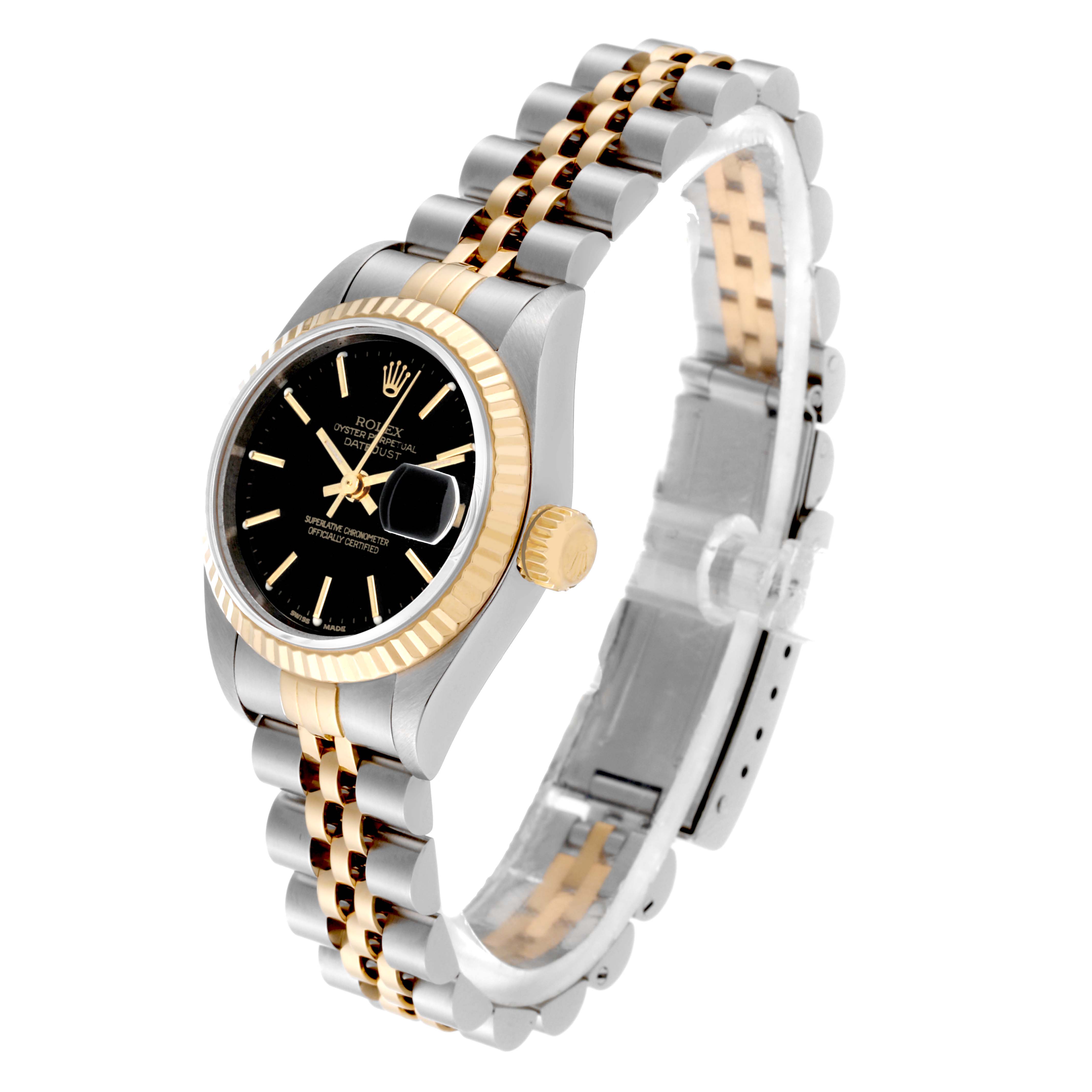 The Rolex Datejust 79173 Women's Steel and Gold (two tone) Black Dial 79173 Women's Steel and Gold (two tone) Black Dial watch is shown at an angled view, displaying the face, bezel, crown, and bracelet.