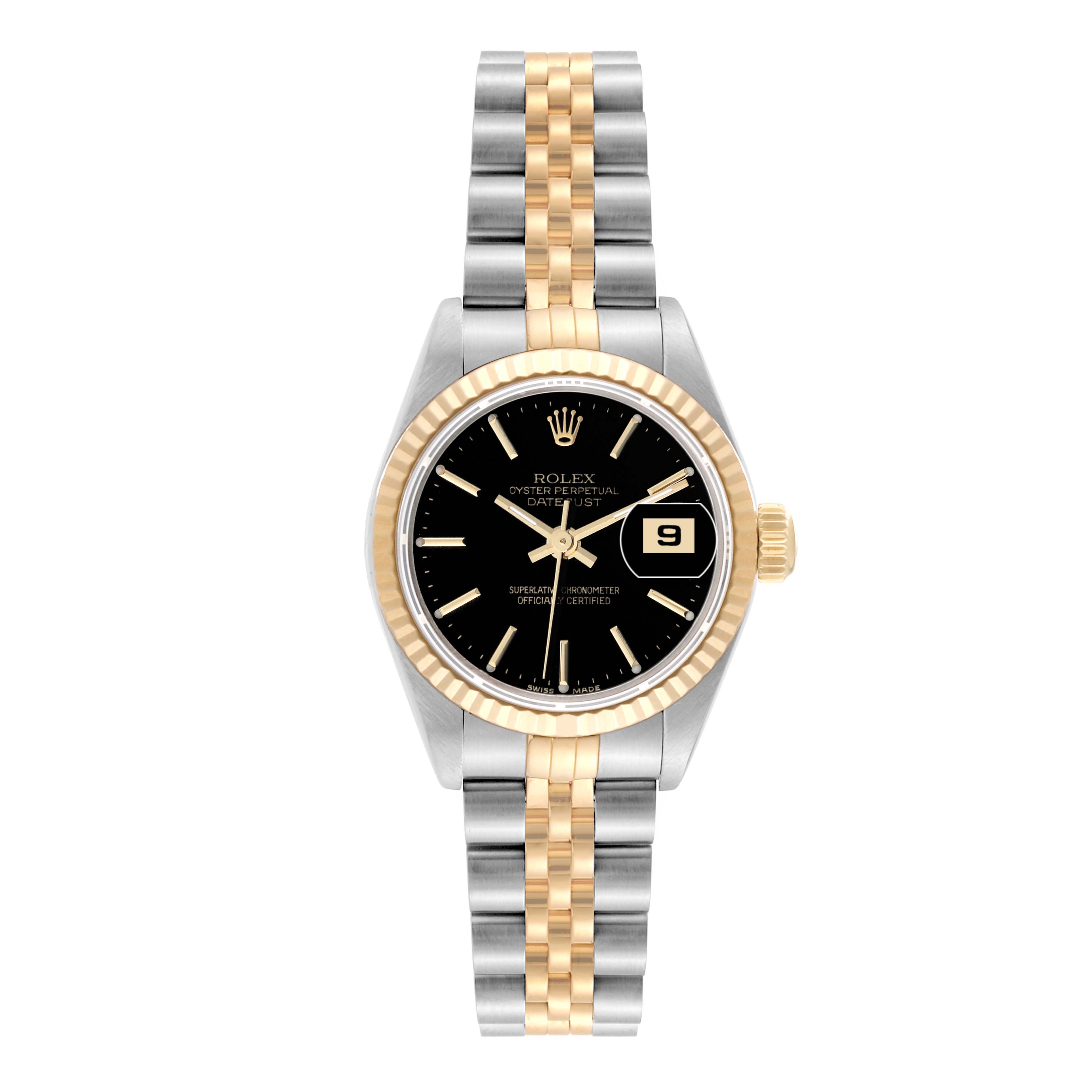 The image shows a Rolex Datejust 79173 Women's Steel and Gold (two tone) Black Dial 79173 Women's Steel and Gold (two tone) Black Dial watch with a black dial, two-tone bracelet, and fluted bezel, viewed from the front.