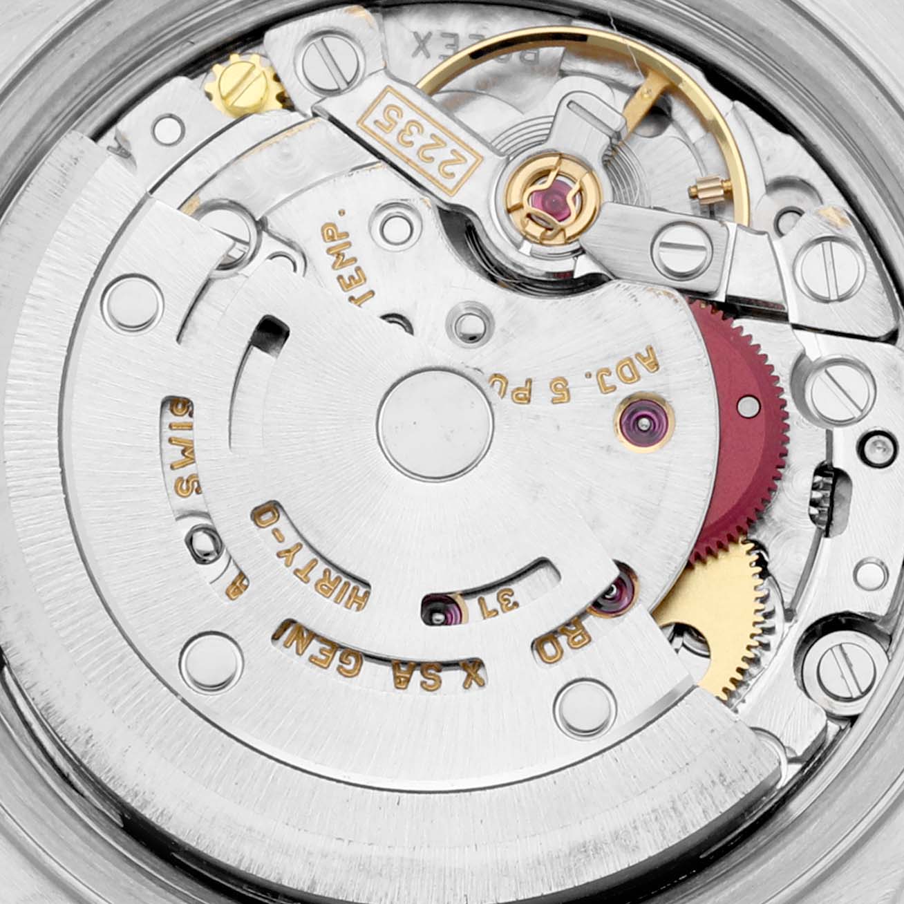 This image shows a close-up view of the movement mechanism of a Rolex Datejust 79173 Women's Steel and Gold (two tone) Black Dial 79173 Women's Steel and Gold (two tone) Black Dial watch.
