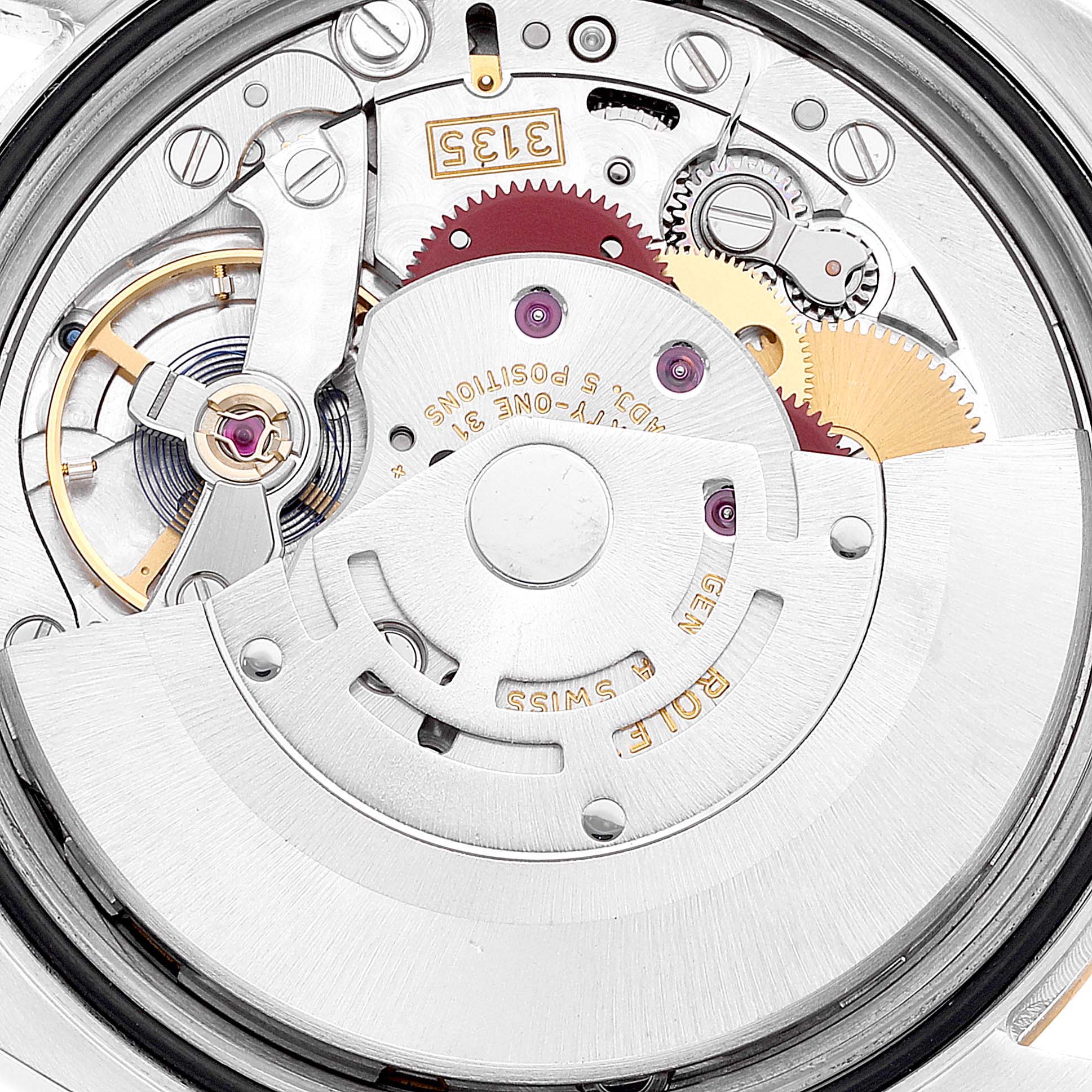 The image shows a close-up of the Datejust model by Rolex, revealing its intricate mechanical movement and parts.