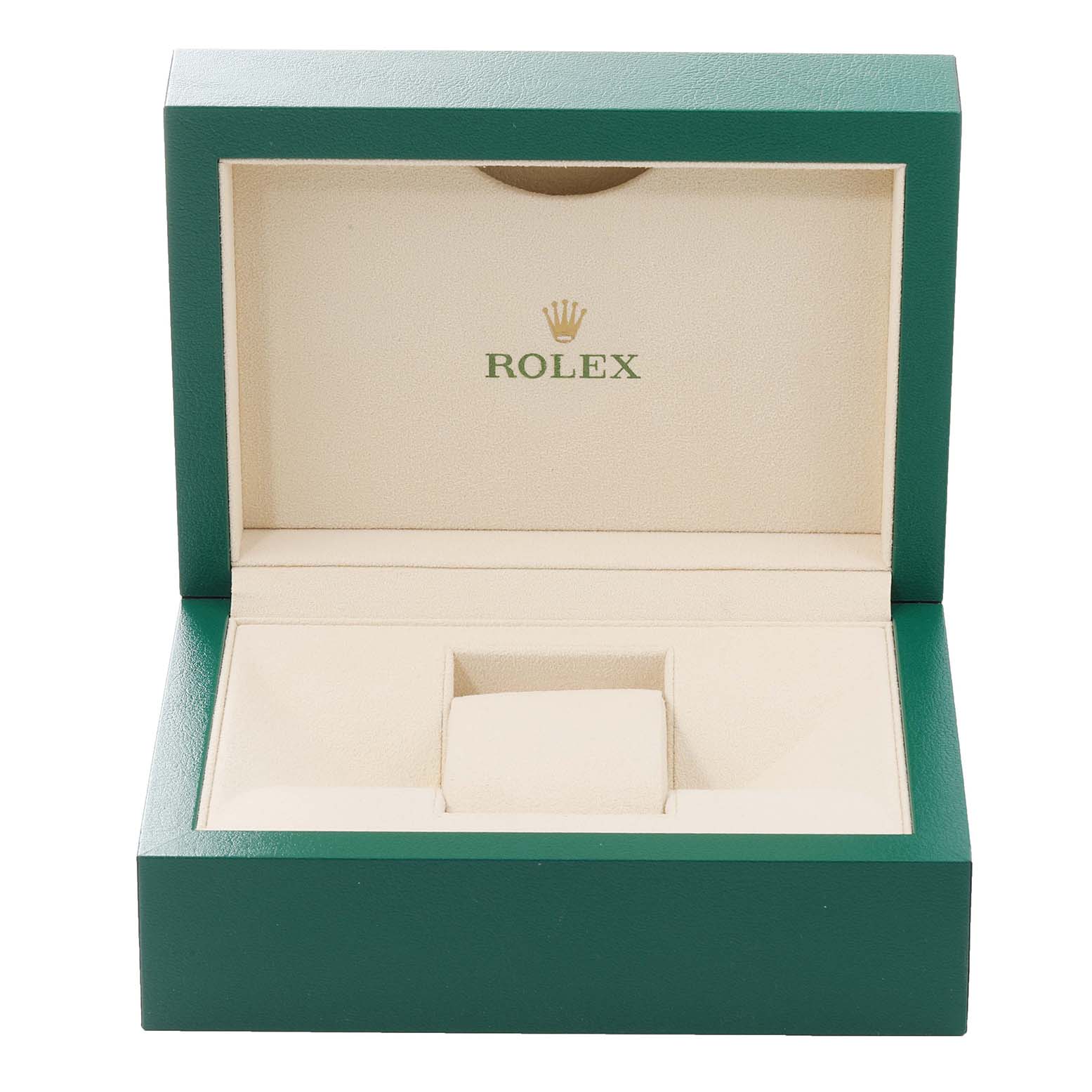 This is an open Rolex Datejust 116233 Men's Steel and Gold (two tone) Black Dial 116233 Men's Steel and Gold (two tone) Black Dial watch box, showing the interior cushion and compartment.