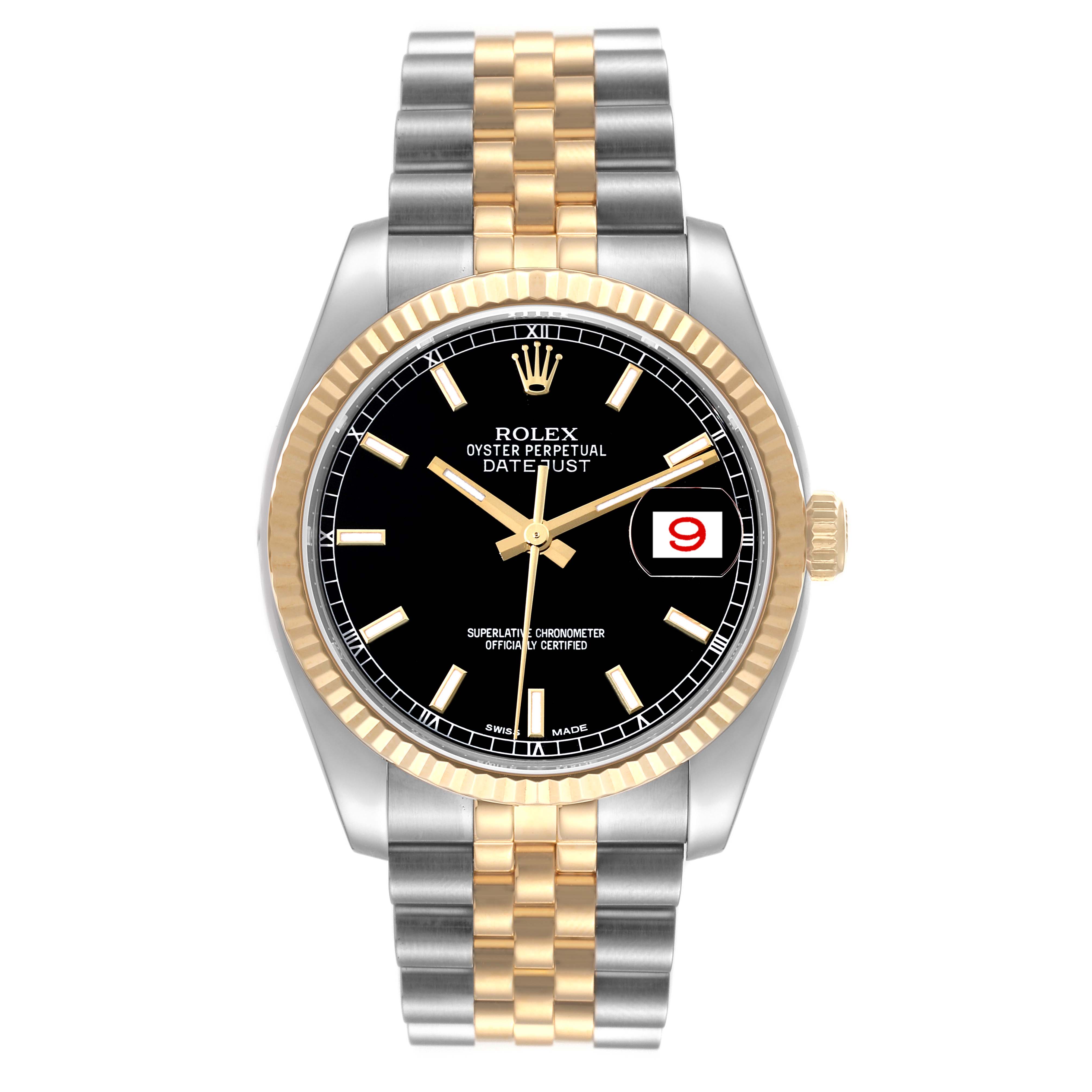 The image shows a frontal view of the Rolex Datejust 116233 Men's Steel and Gold (two tone) Black Dial 116233 Men's Steel and Gold (two tone) Black Dial watch, highlighting its two-tone bracelet and black dial with a date window.