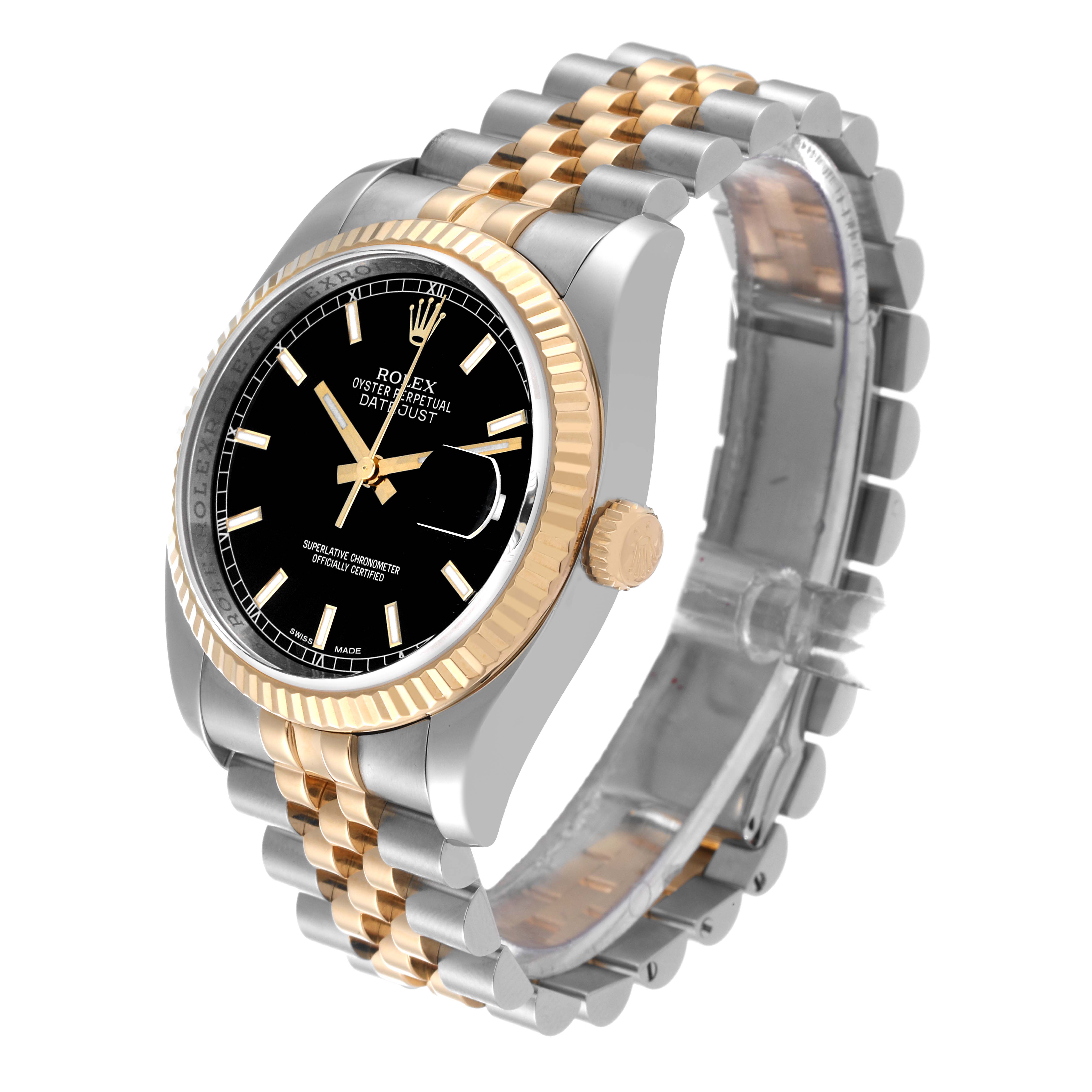 The Rolex Datejust 116233 Men's Steel and Gold (two tone) Black Dial 116233 Men's Steel and Gold (two tone) Black Dial watch is shown at an oblique angle, featuring a black dial, two-tone bracelet, and fluted bezel.