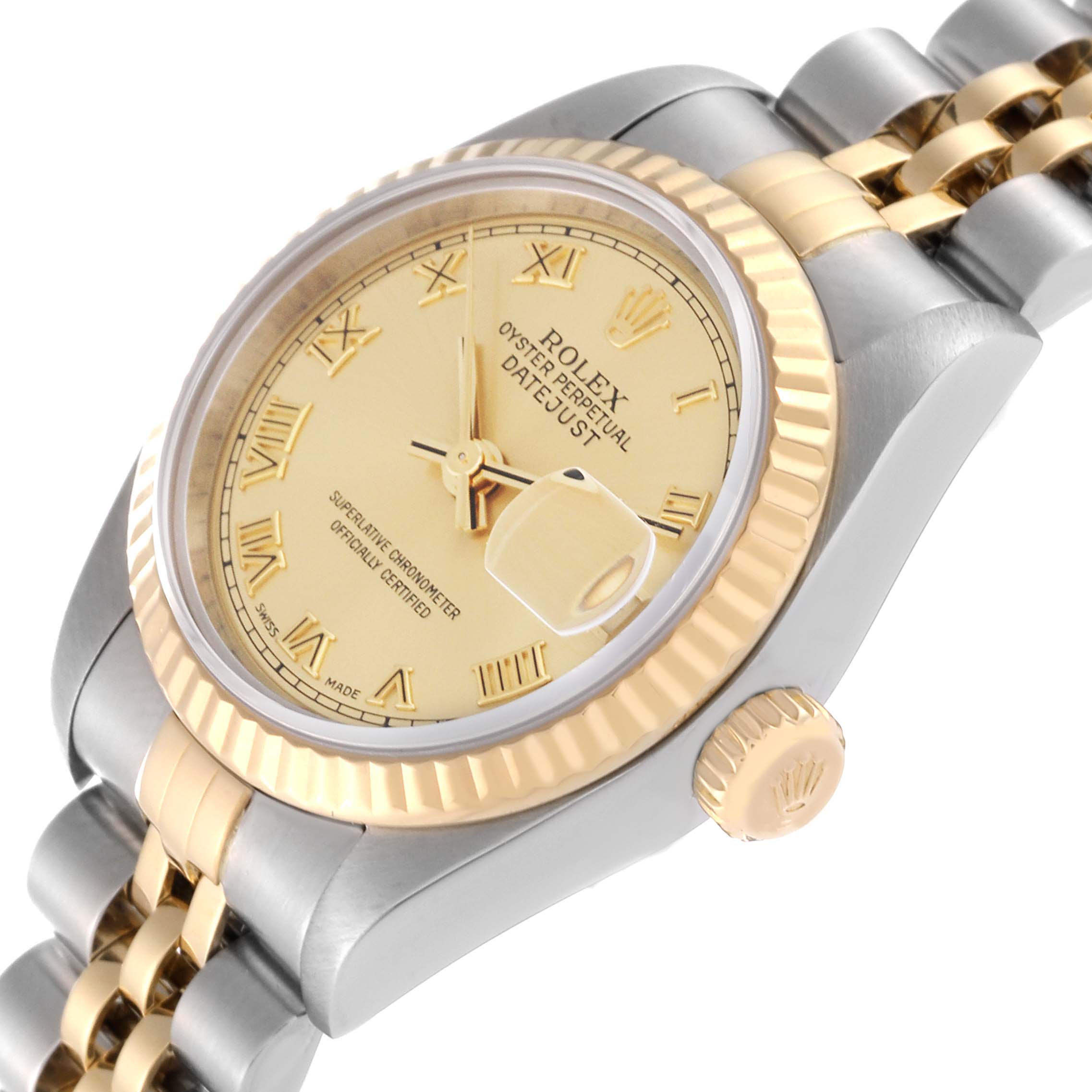 The image shows a Rolex Datejust 79173 Women's Steel and Gold (two tone) Champagne Dial 79173 Women's Steel and Gold (two tone) Champagne Dial watch at an angled view, highlighting the dial, bezel, crown, and part of the bracelet.