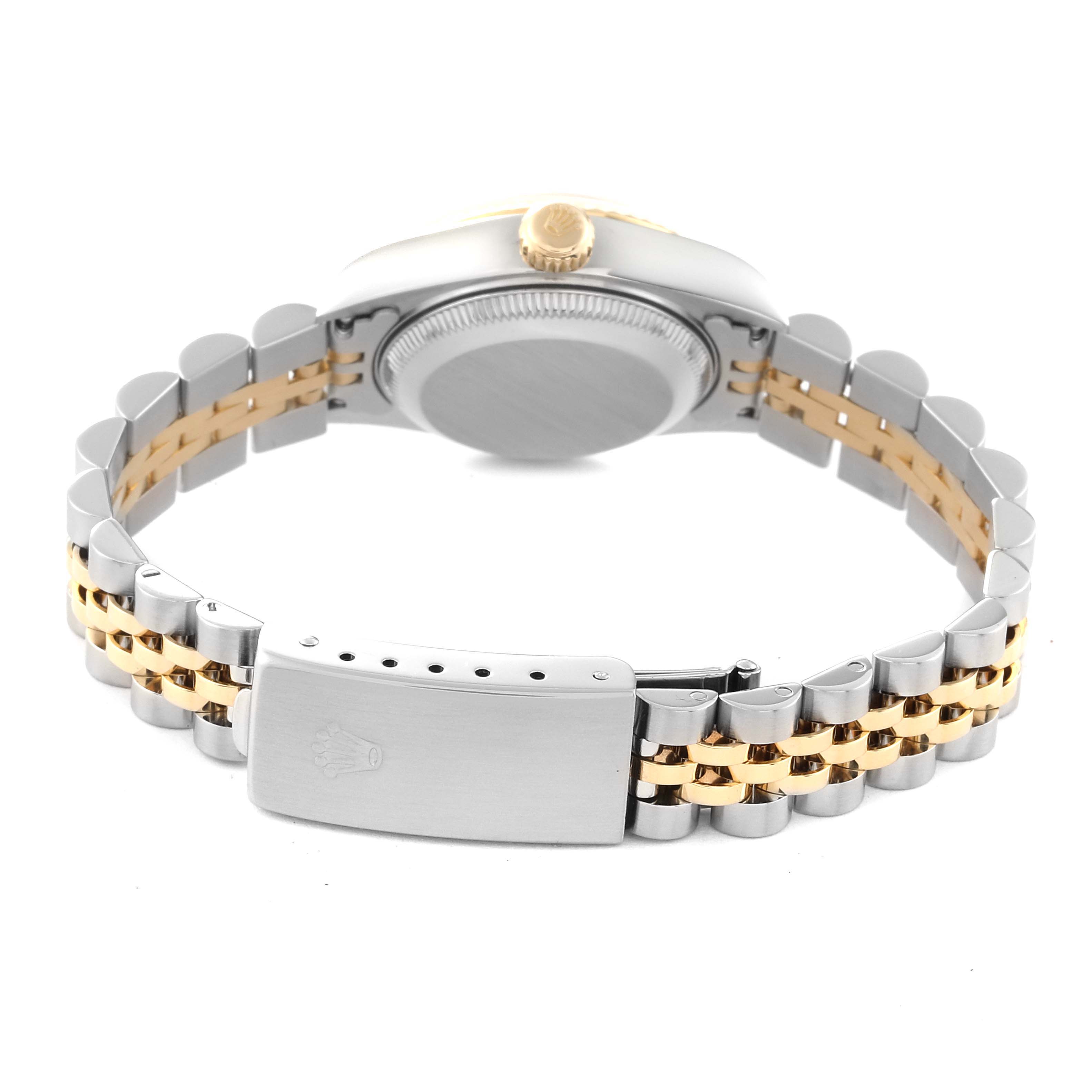 The image shows the back and bracelet of a Rolex Datejust 79173 Women's Steel and Gold (two tone) Champagne Dial 79173 Women's Steel and Gold (two tone) Champagne Dial watch, emphasizing the clasp and two-tone design.