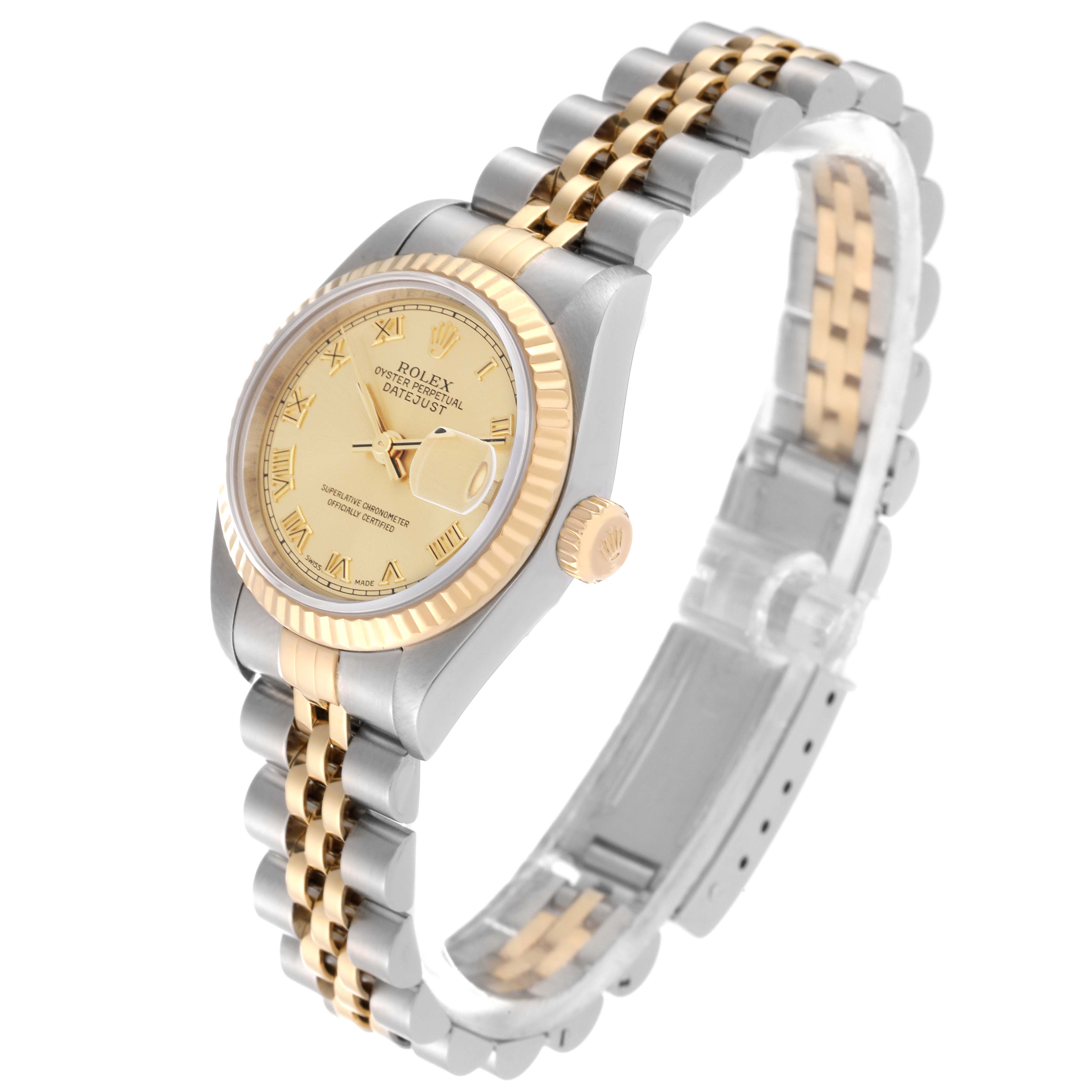 The image shows a side-angle view of a Rolex Datejust 79173 Women's Steel and Gold (two tone) Champagne Dial 79173 Women's Steel and Gold (two tone) Champagne Dial watch, highlighting the dial, fluted bezel, and two-tone bracelet.