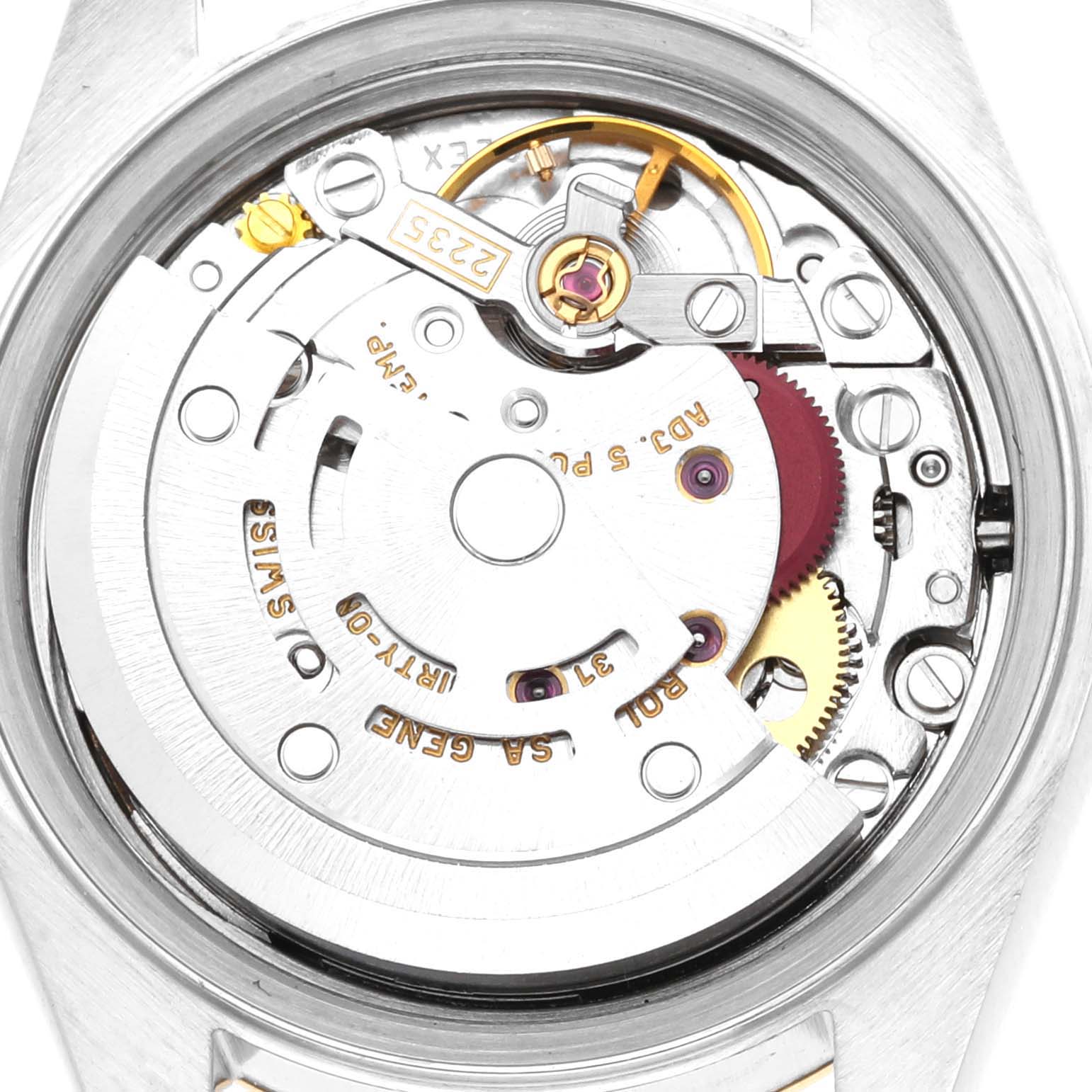 This image shows an extremely close-up view of the internal mechanical parts of a Rolex Datejust 79173 Women's Steel and Gold (two tone) Champagne Dial 79173 Women's Steel and Gold (two tone) Champagne Dial watch from the back.