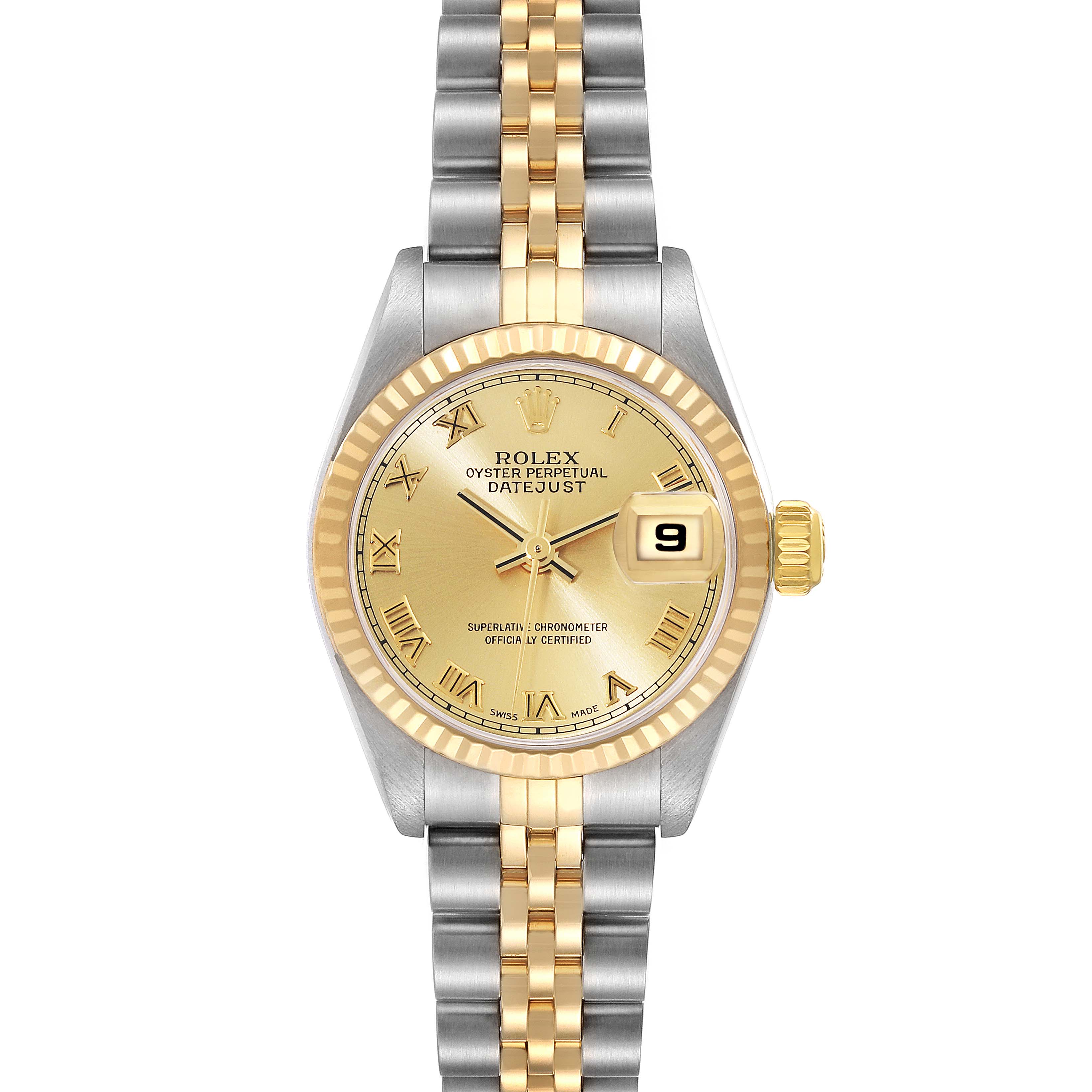 This image shows a frontal view of a Rolex Datejust 79173 Women's Steel and Gold (two tone) Champagne Dial 79173 Women's Steel and Gold (two tone) Champagne Dial watch displaying its face, bezel, and bi-metal bracelet.