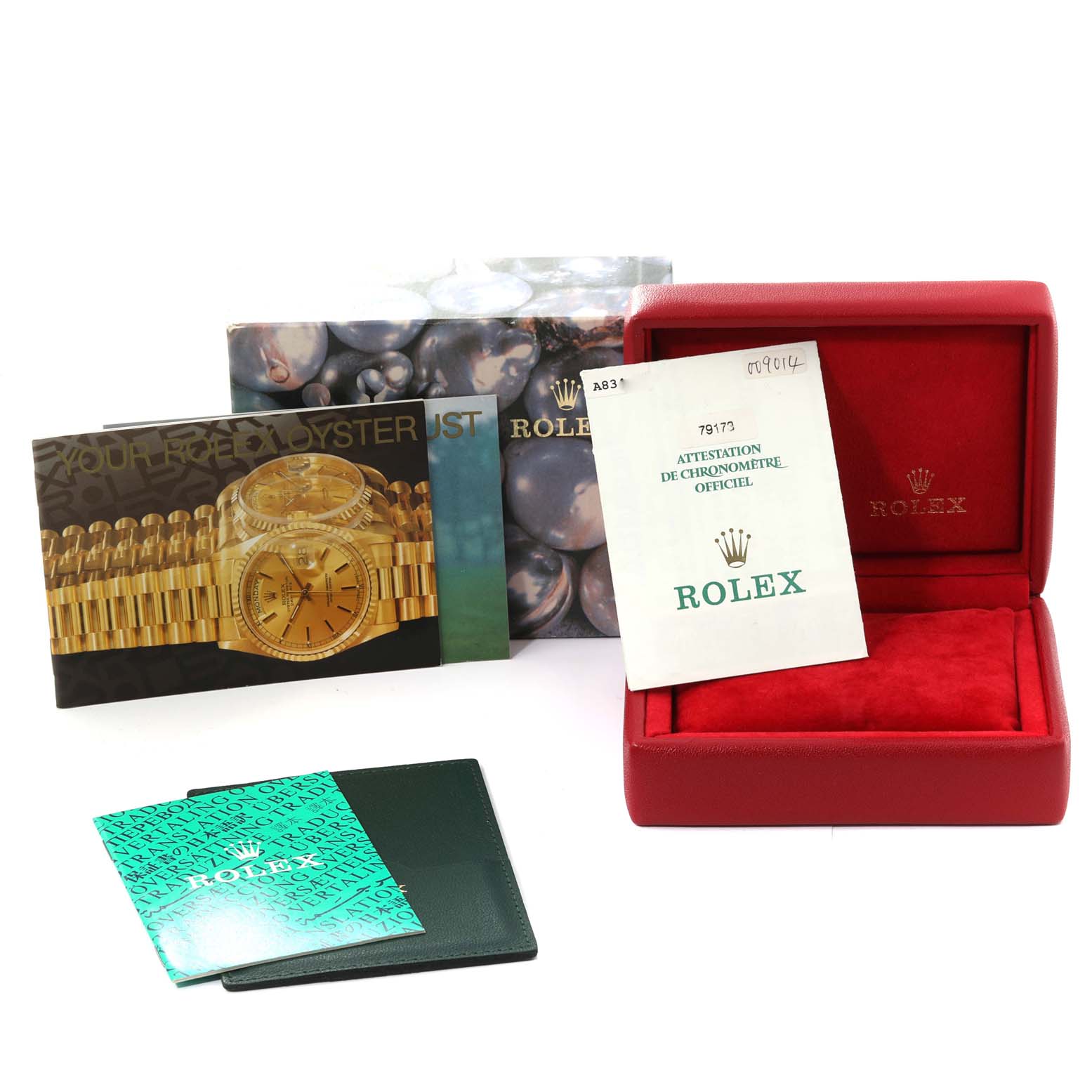 The image shows a Rolex Datejust 79173 Women's Steel and Gold (two tone) Champagne Dial 79173 Women's Steel and Gold (two tone) Champagne Dial watch box, warranty card, manual, and official chronometer certification.