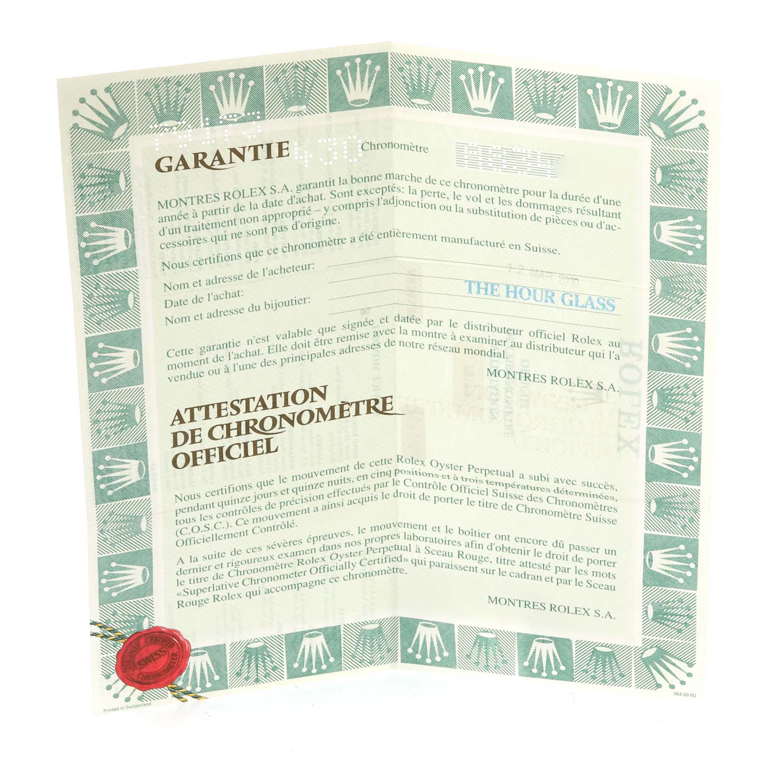 The image shows a warranty and chronometer certificate for the Rolex Datejust 79173 Women's Steel and Gold (two tone) Champagne Dial 79173 Women's Steel and Gold (two tone) Champagne Dial model.