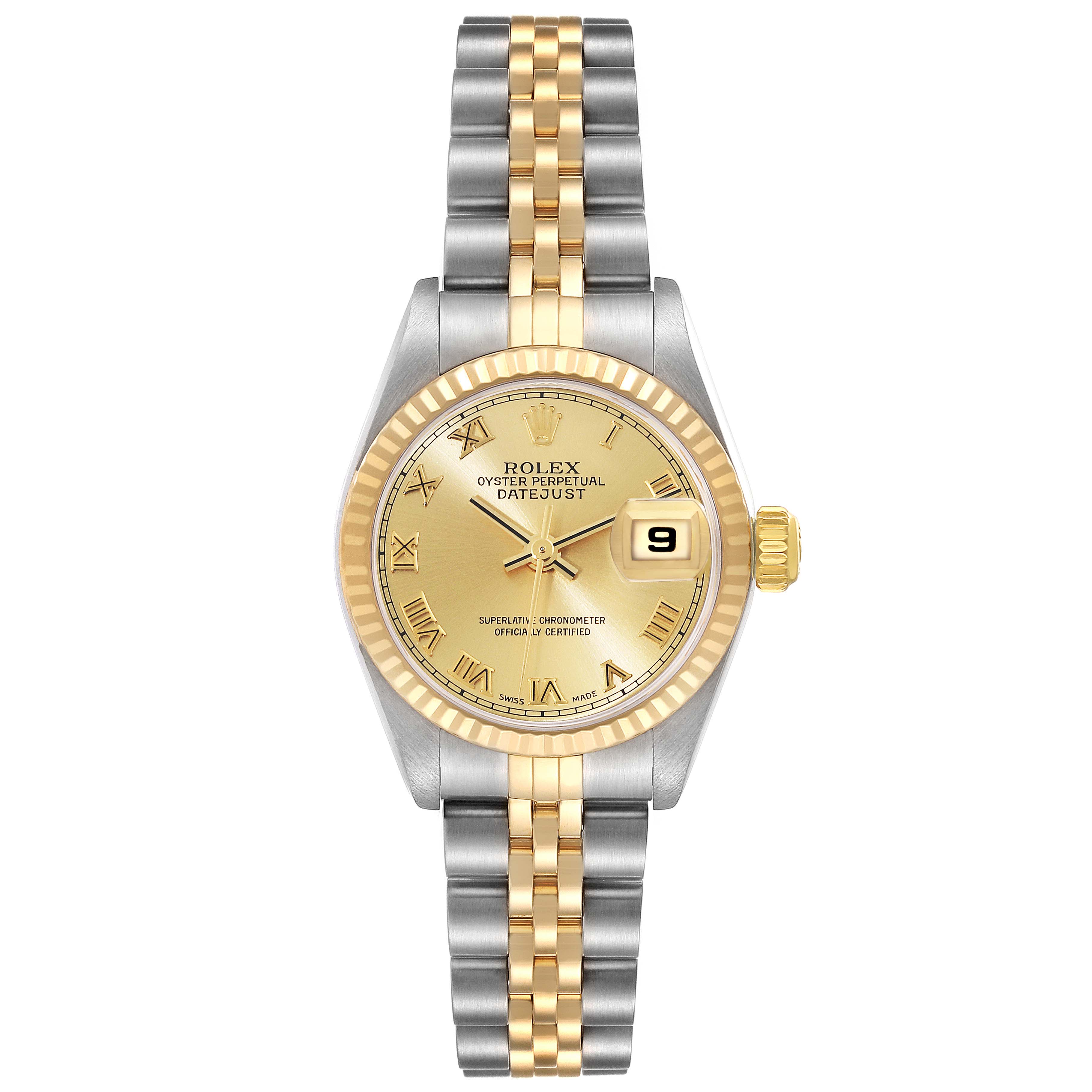 The image shows a frontal view of the Rolex Datejust 79173 Women's Steel and Gold (two tone) Champagne Dial 79173 Women's Steel and Gold (two tone) Champagne Dial watch, featuring its face, bezel, crown, and bracelet.