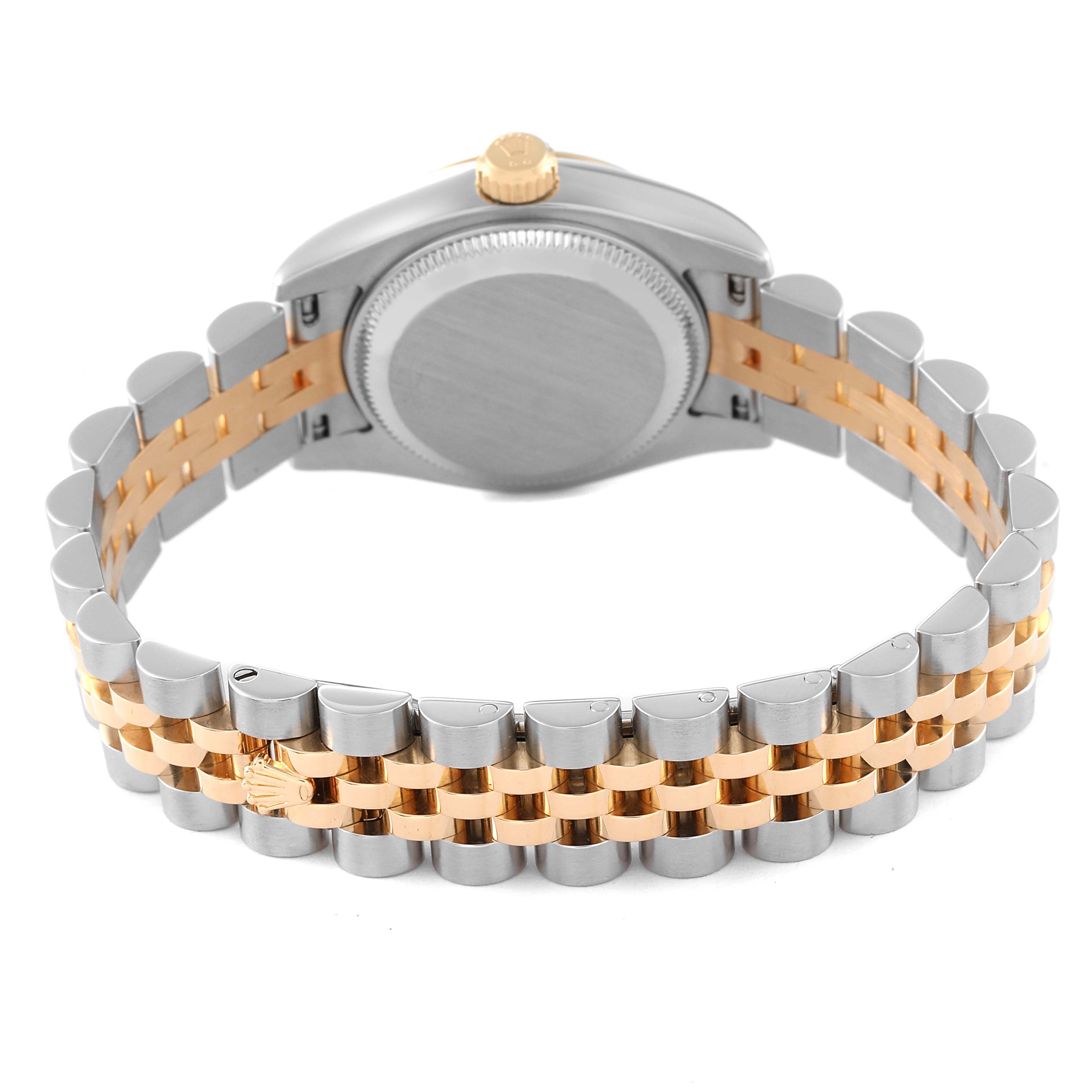 This image shows the back of a Rolex Datejust 179173 Women's Steel and Gold (two tone) Blue Dial 179173 Women's Steel and Gold (two tone) Blue Dial watch, highlighting its two-tone bracelet with a gold and silver finish.