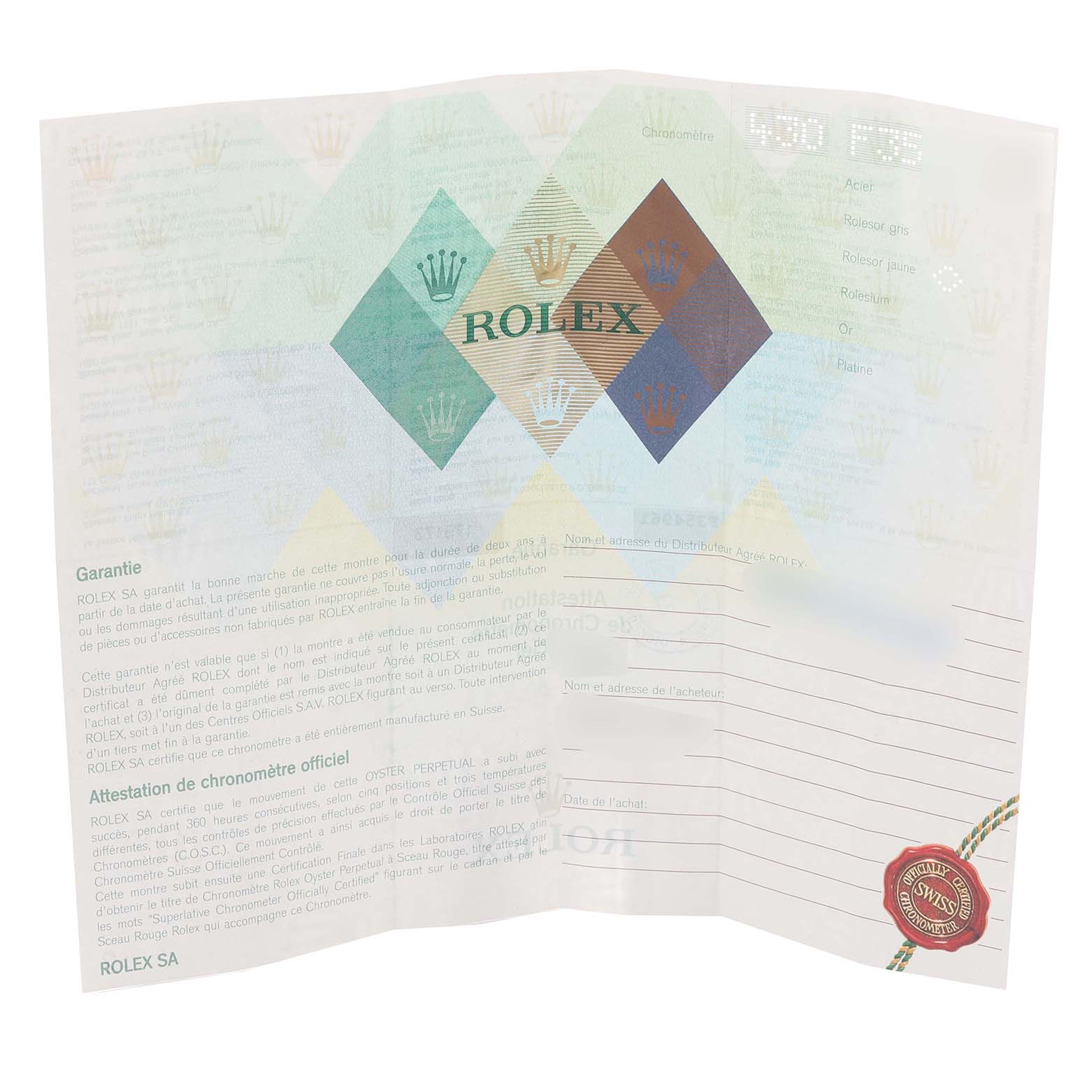 This image shows the authenticity and warranty certificate for the Rolex Datejust 179173 Women's Steel and Gold (two tone) Blue Dial 179173 Women's Steel and Gold (two tone) Blue Dial watch model.