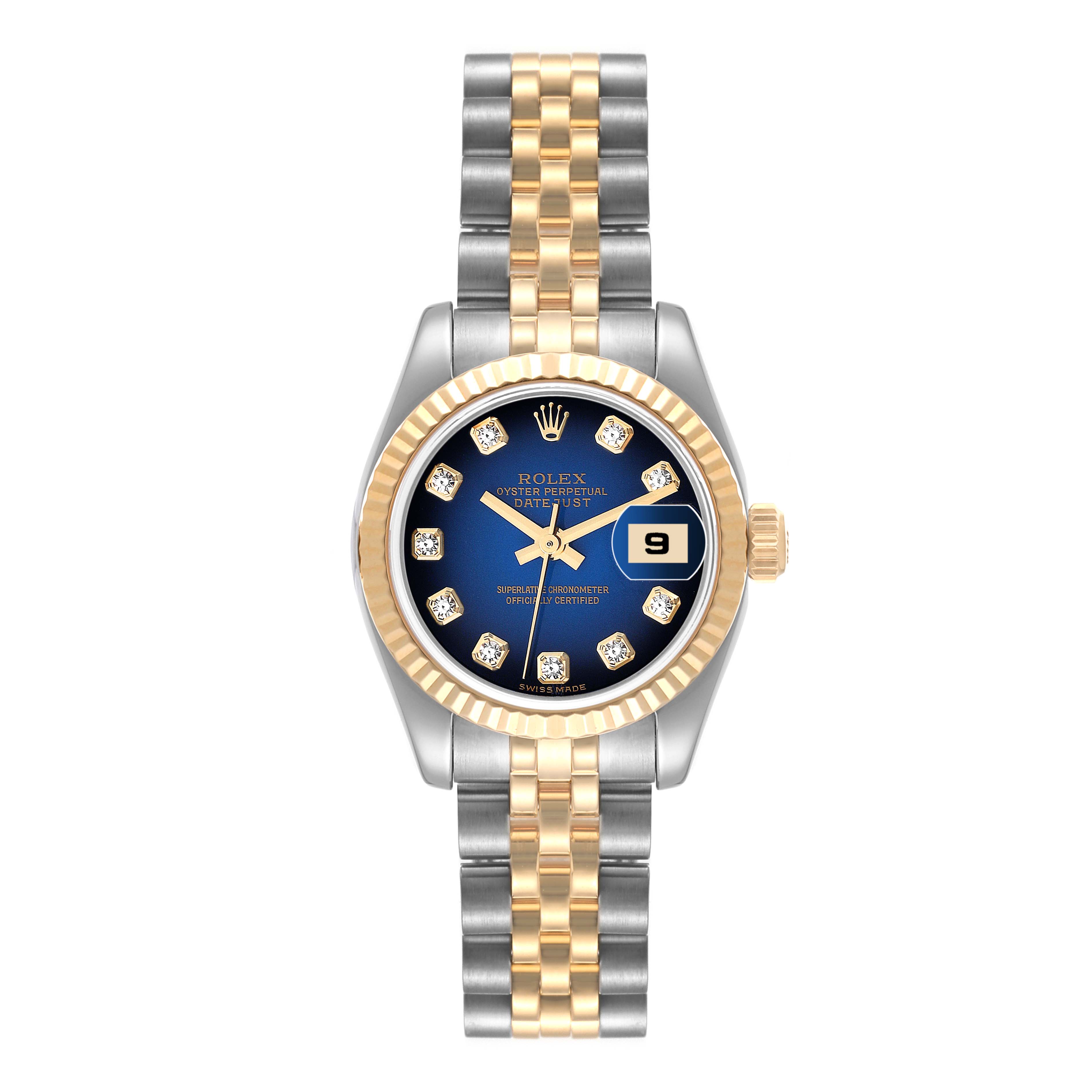 This image shows a front angle of the Rolex Datejust 179173 Women's Steel and Gold (two tone) Blue Dial 179173 Women's Steel and Gold (two tone) Blue Dial with a blue dial, gold markers, and a two-tone metal bracelet.