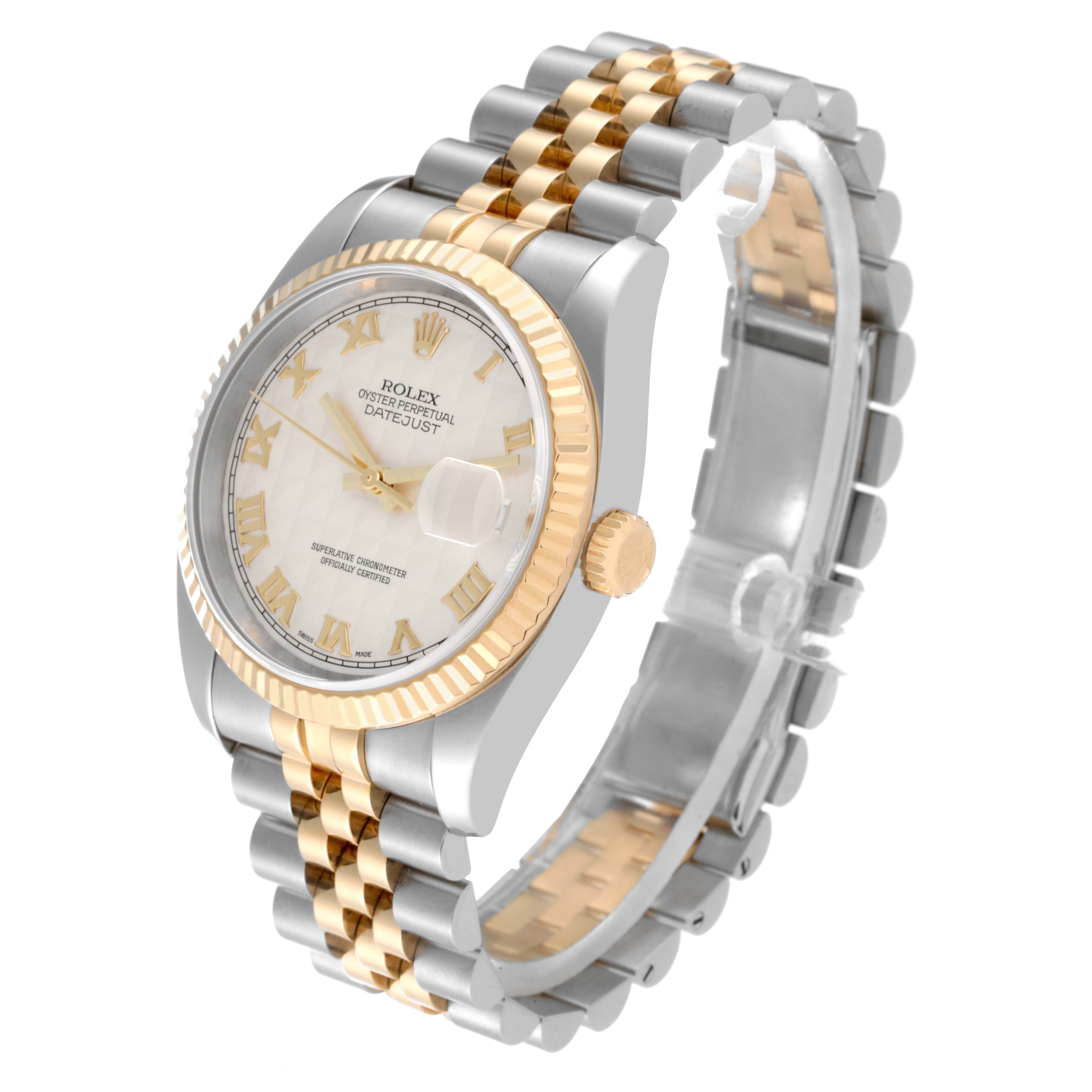 This image shows a Rolex Datejust 116233 Men's Steel and Gold (two tone) Beige Dial 116233 Men's Steel and Gold (two tone) Beige Dial watch at a three-quarter angle, highlighting its two-tone bracelet, dial, and fluted bezel.
