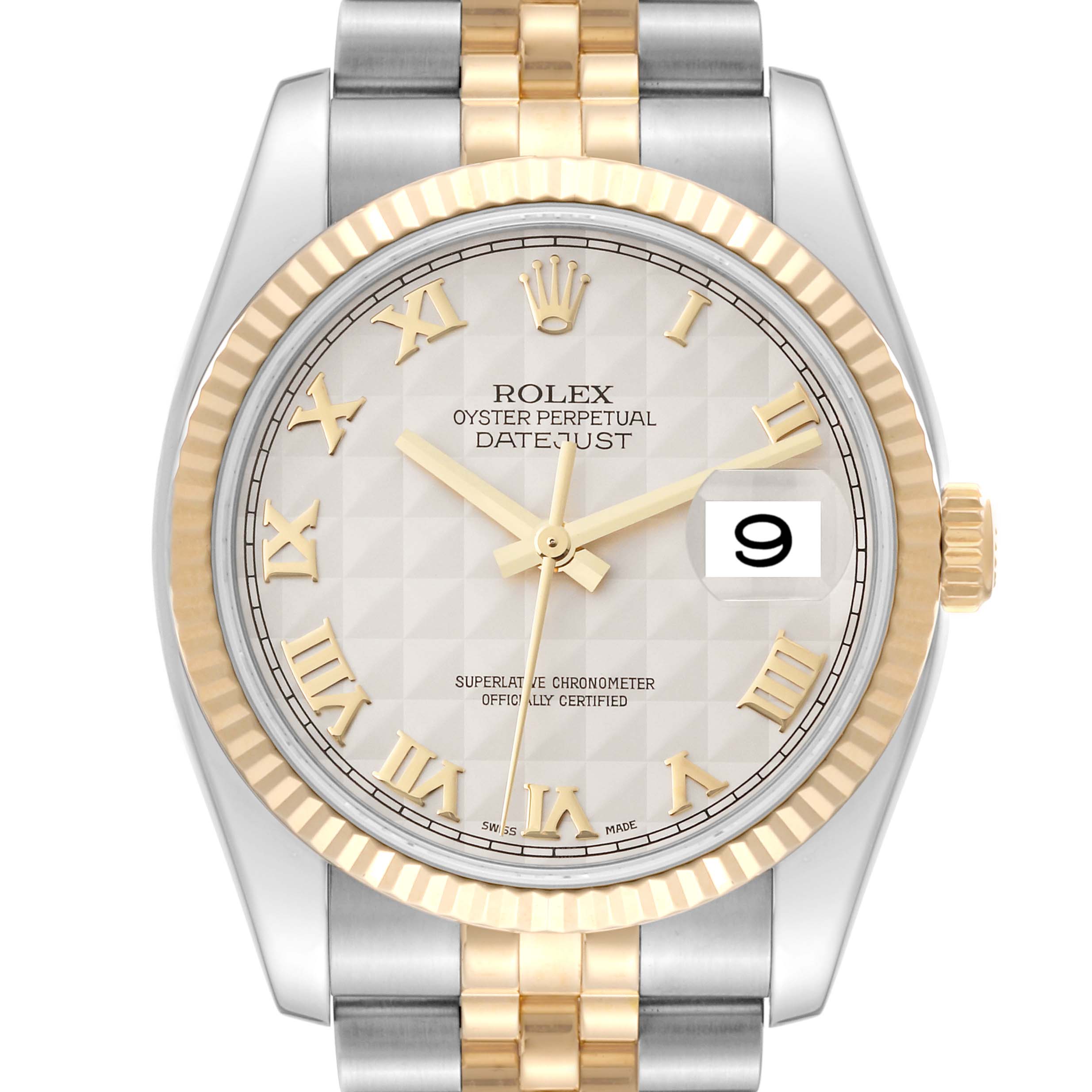 The image shows a frontal view of the Rolex Datejust 116233 Men's Steel and Gold (two tone) Beige Dial 116233 Men's Steel and Gold (two tone) Beige Dial watch, highlighting its two-tone bracelet, fluted bezel, and date window.