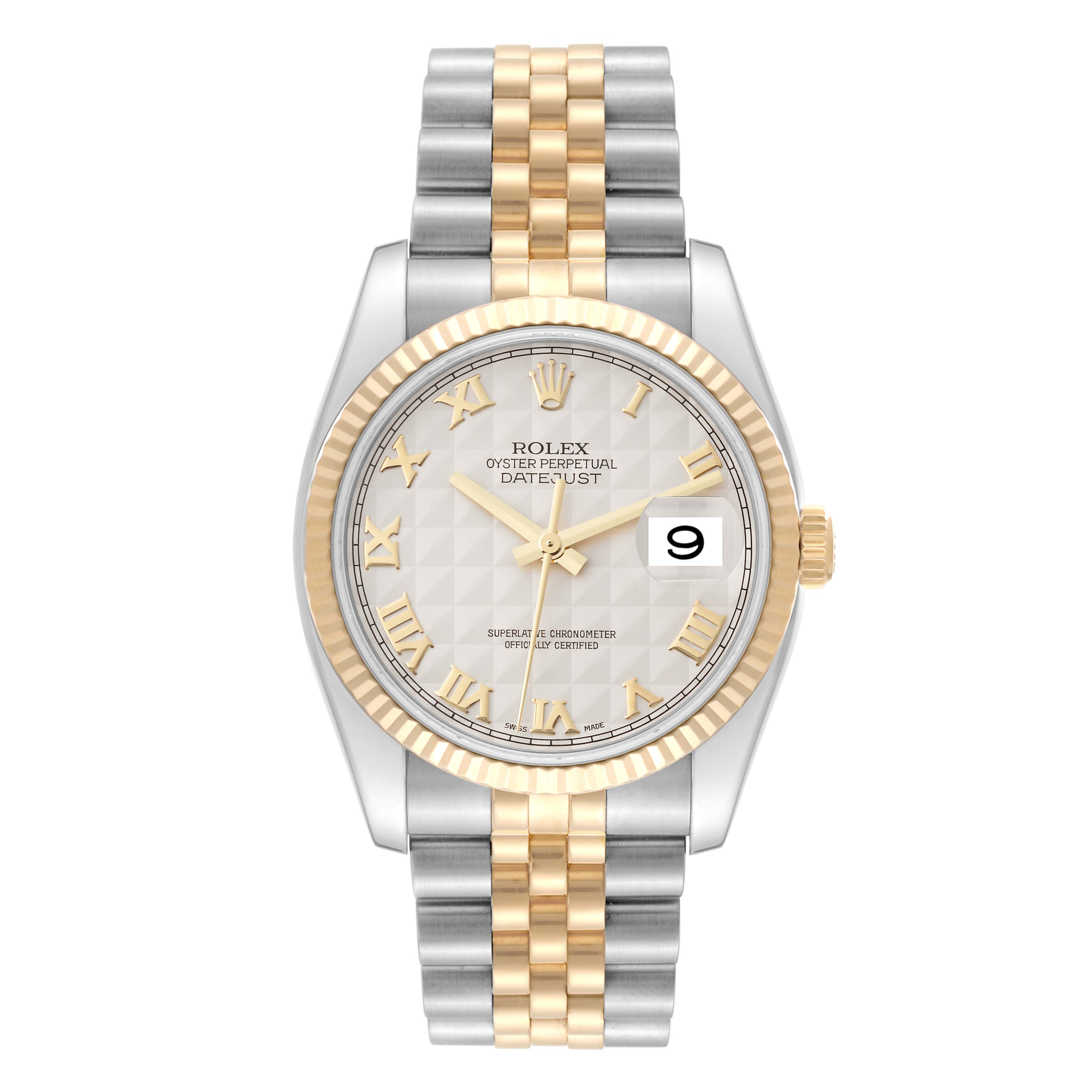 This Rolex Datejust 116233 Men's Steel and Gold (two tone) Beige Dial 116233 Men's Steel and Gold (two tone) Beige Dial watch is shown from a front angle, featuring a gold and silver bracelet, fluted bezel, and Roman numeral dial.