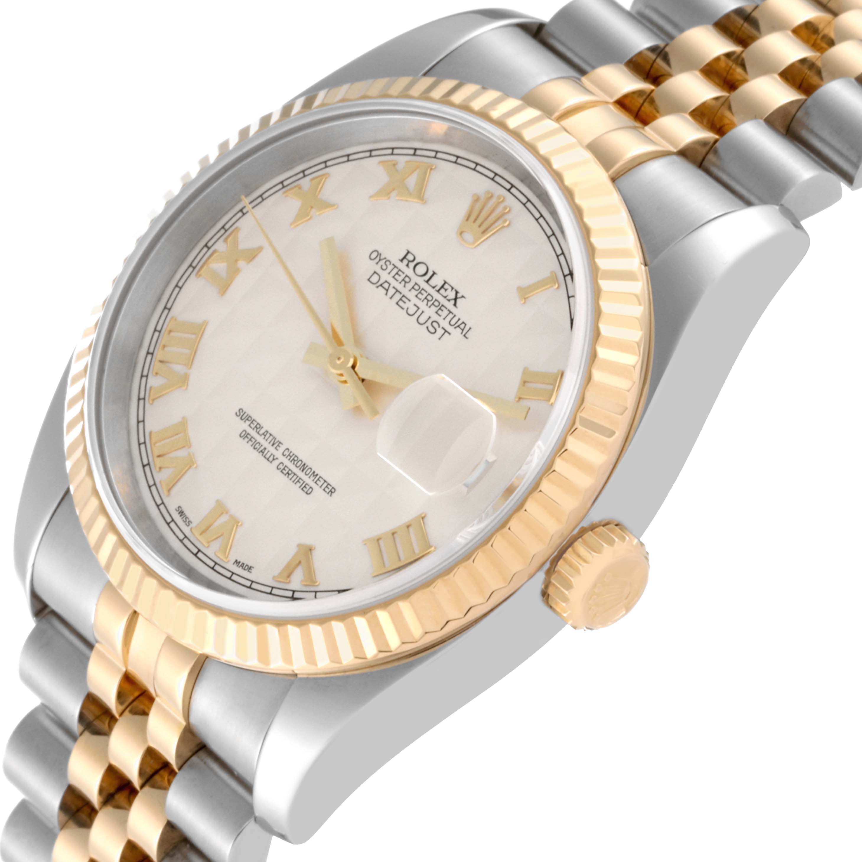 This image shows a Rolex Datejust 116233 Men's Steel and Gold (two tone) Beige Dial 116233 Men's Steel and Gold (two tone) Beige Dial watch at a slight angle, highlighting its dial, bezel, crown, and bracelet.