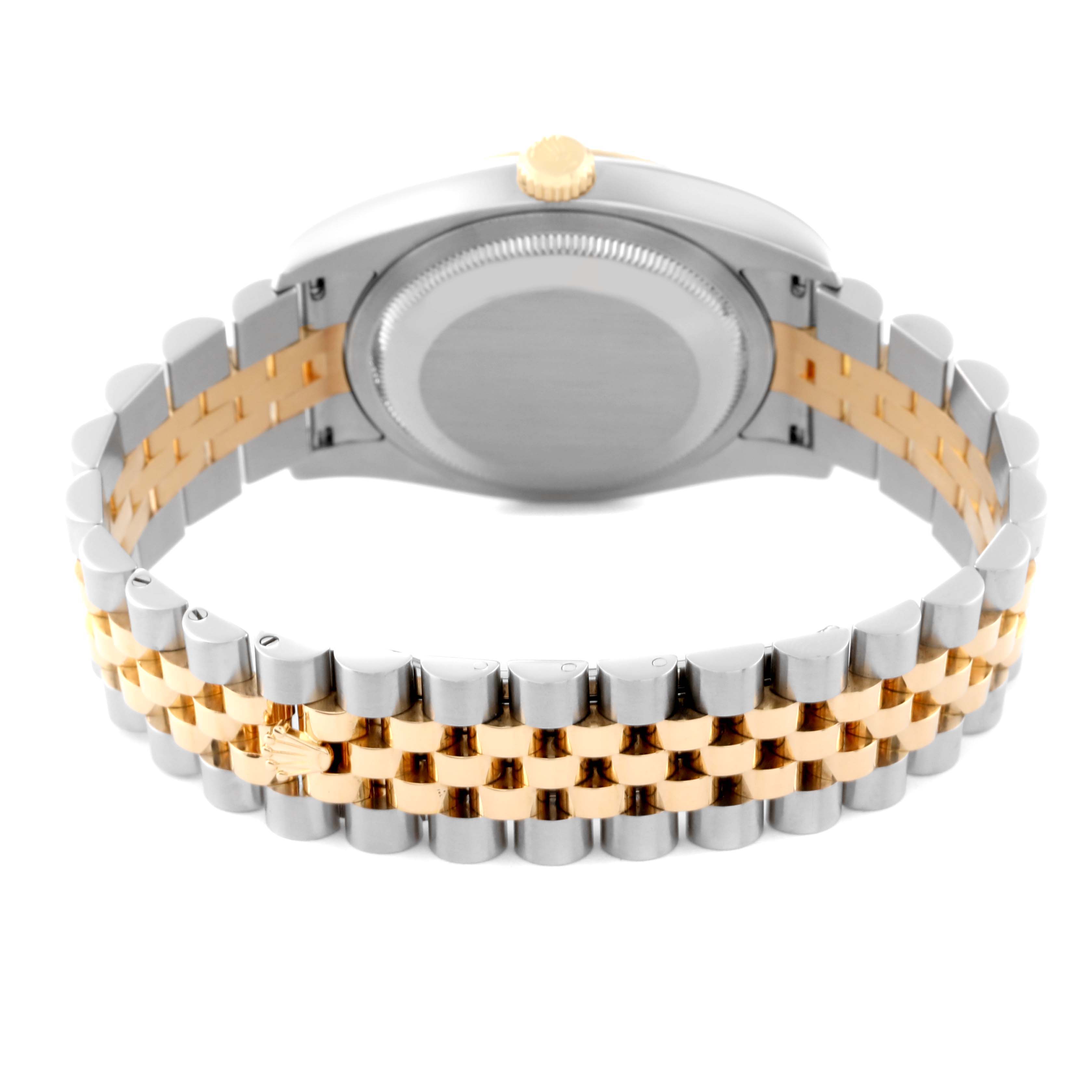 The image shows the back case and bracelet of a Rolex Datejust 116233 Men's Steel and Gold (two tone) Beige Dial 116233 Men's Steel and Gold (two tone) Beige Dial watch from the bottom angle.