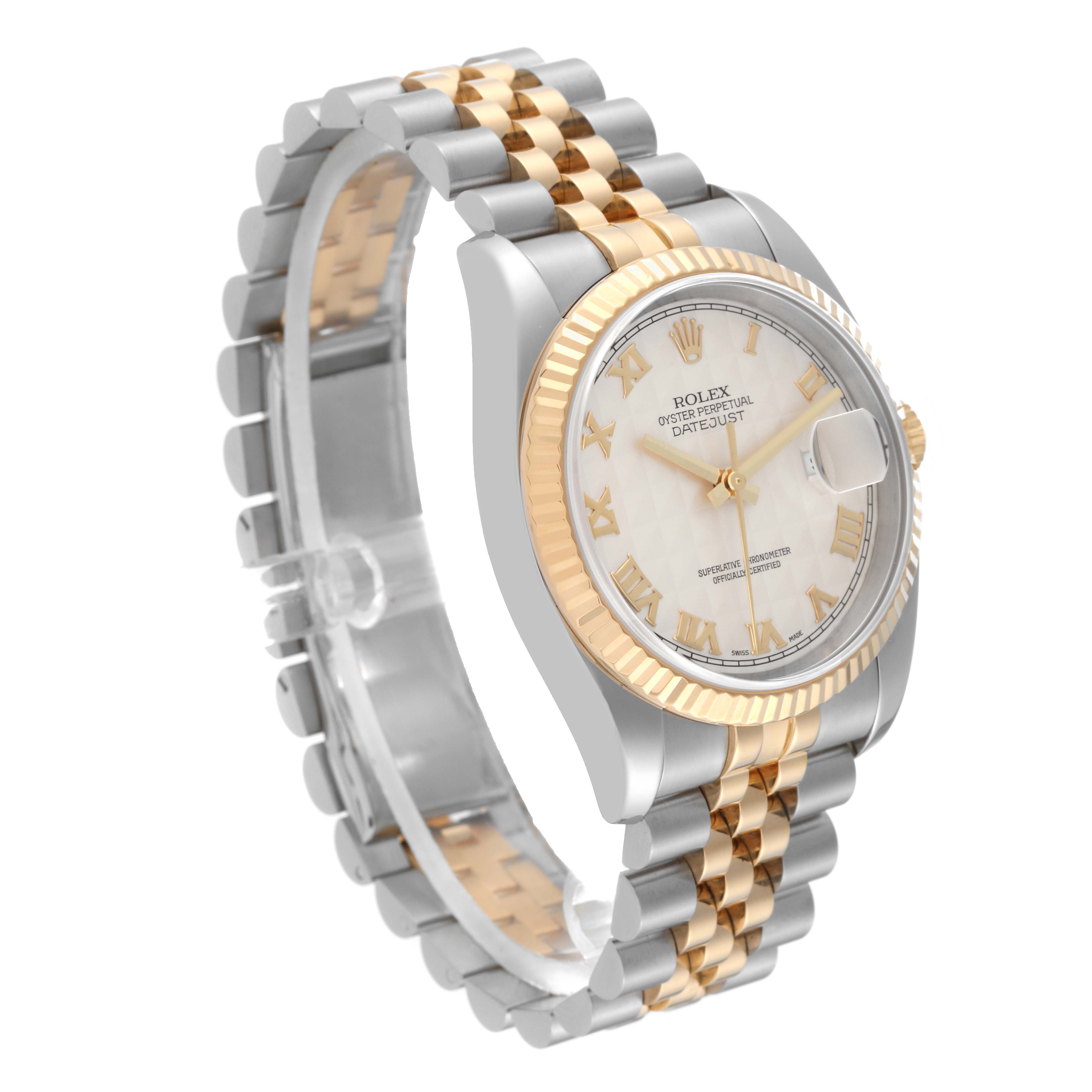 This image shows a Rolex Datejust 116233 Men's Steel and Gold (two tone) Beige Dial 116233 Men's Steel and Gold (two tone) Beige Dial watch at an angle displaying the dial, bezel, and two-tone bracelet.