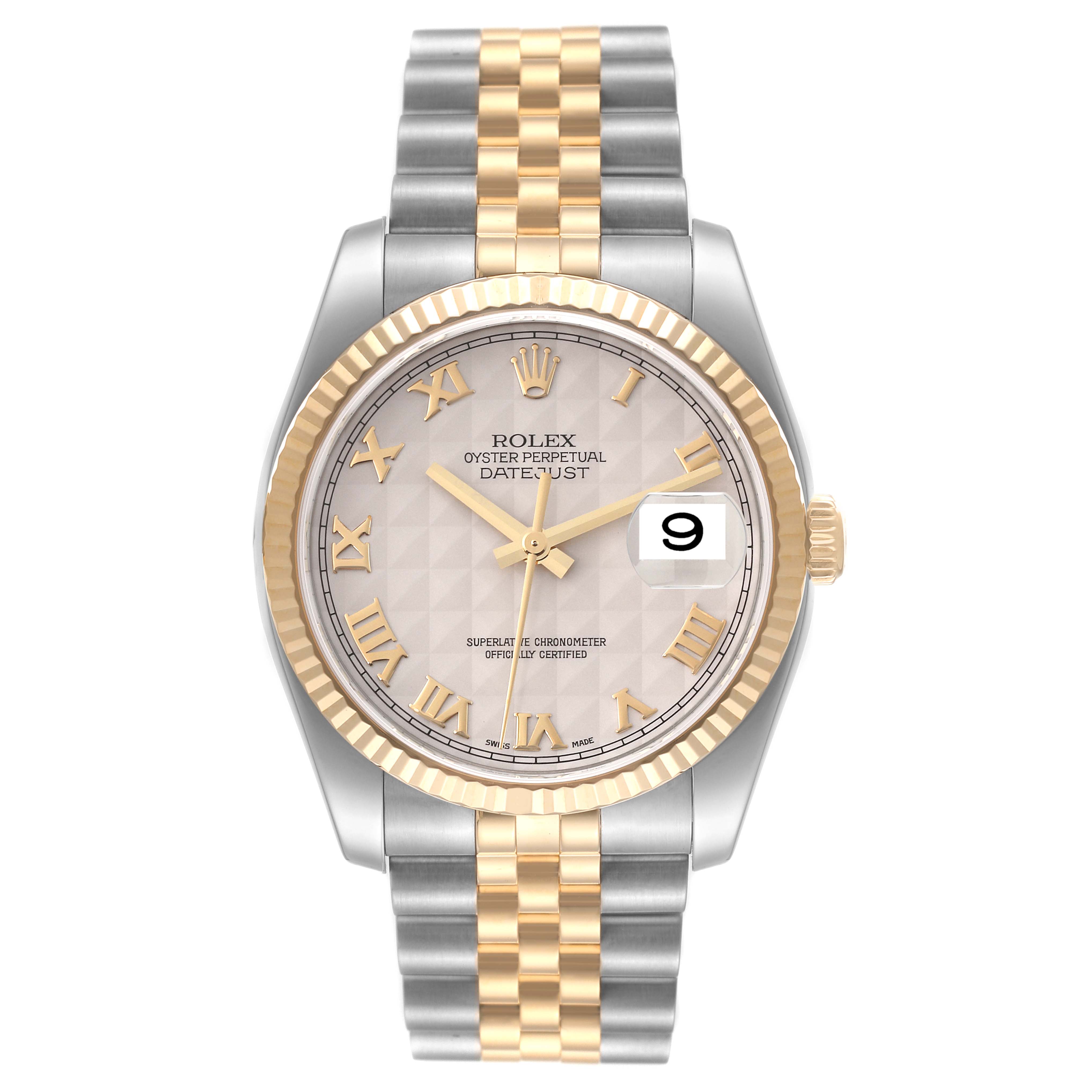 The image shows a front view of the Rolex Datejust 116233 Men's Steel and Gold (two tone) Beige Dial 116233 Men's Steel and Gold (two tone) Beige Dial with a two-tone bracelet and Roman numeral dial.