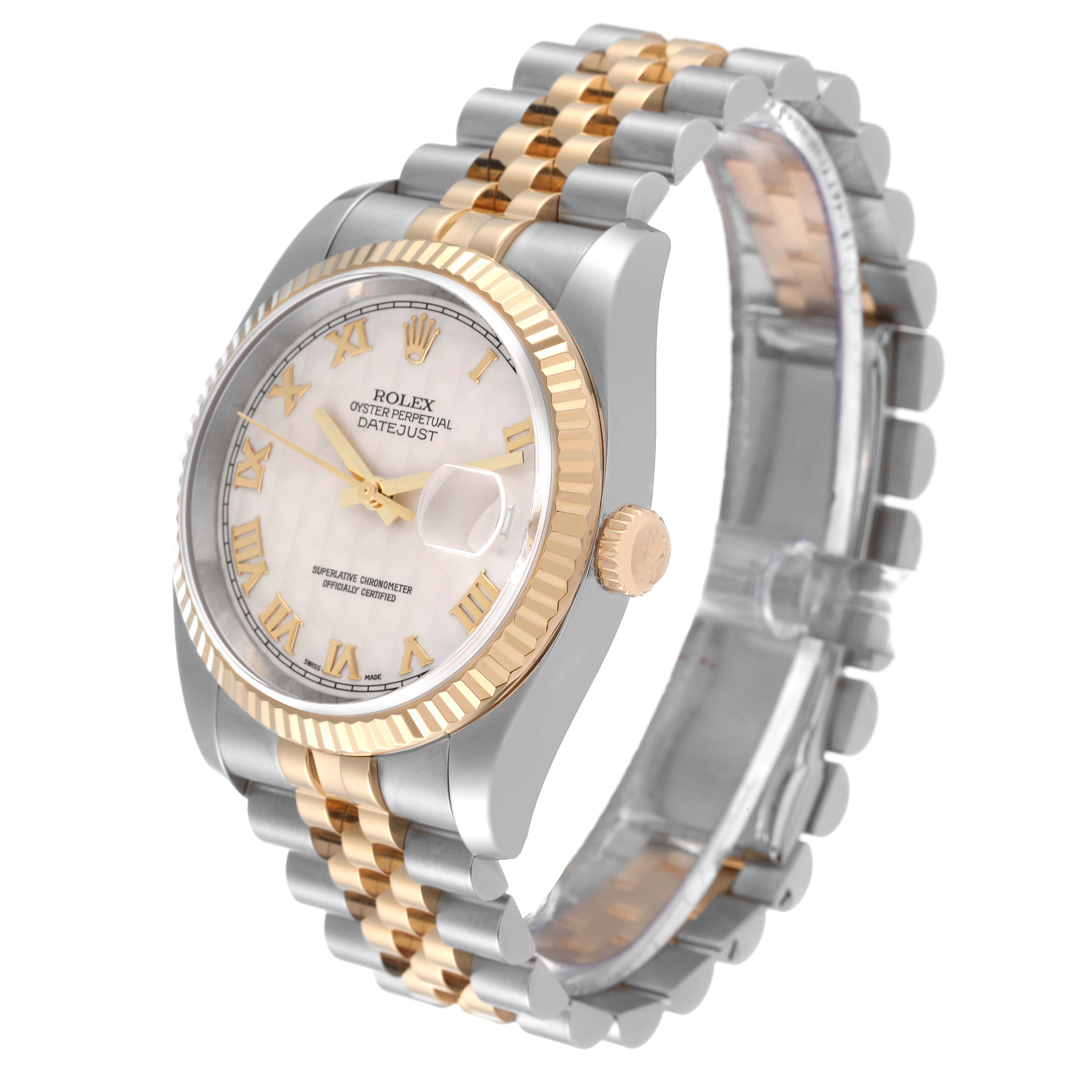 The image shows a Rolex Datejust 116233 Men's Steel and Gold (two tone) Beige Dial 116233 Men's Steel and Gold (two tone) Beige Dial watch at a 3/4 angle, highlighting the dial, bezel, crown, and two-tone bracelet.