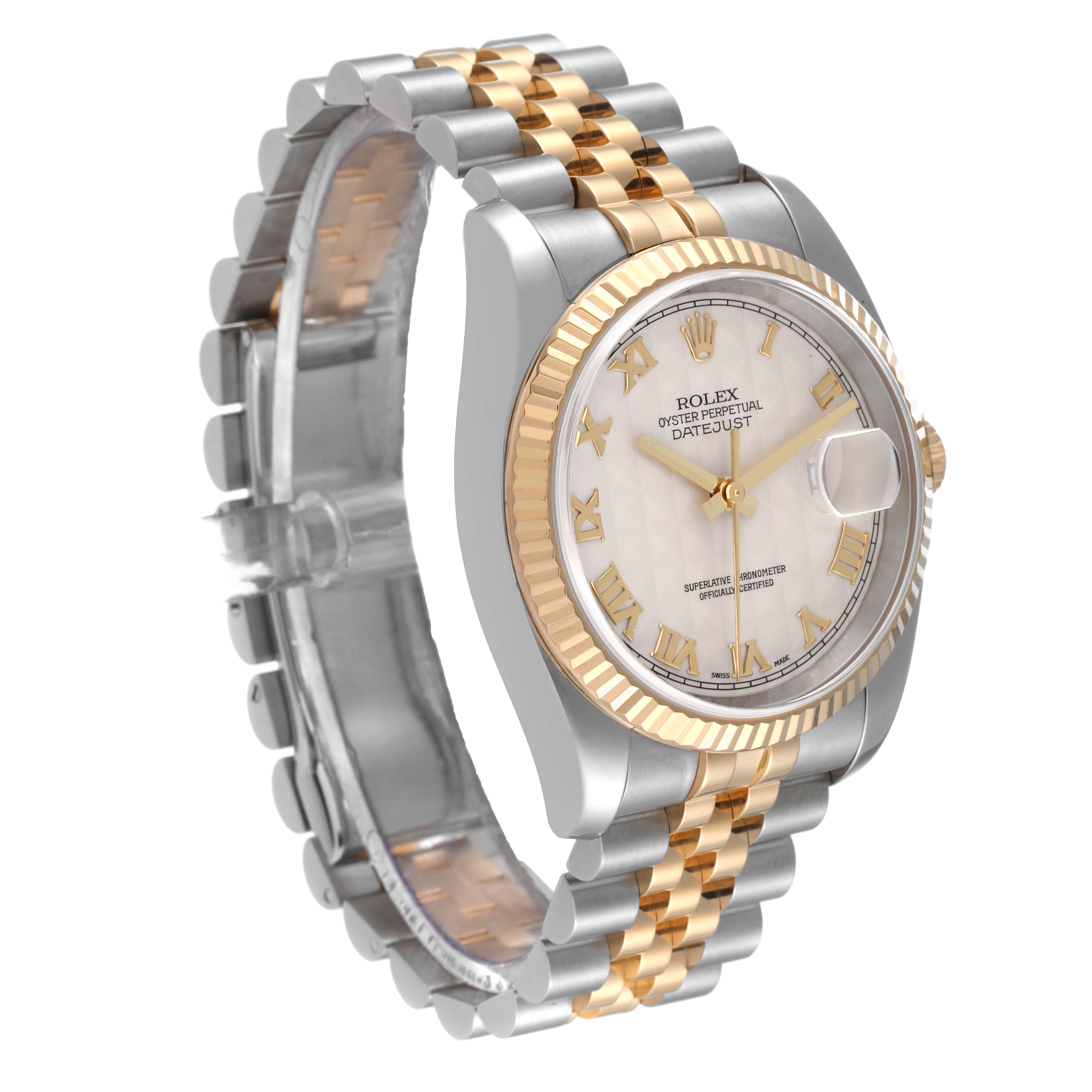 The image shows a Rolex Datejust 116233 Men's Steel and Gold (two tone) Beige Dial 116233 Men's Steel and Gold (two tone) Beige Dial watch at a slight angle, revealing the face, bezel, crown, and part of the two-tone bracelet.