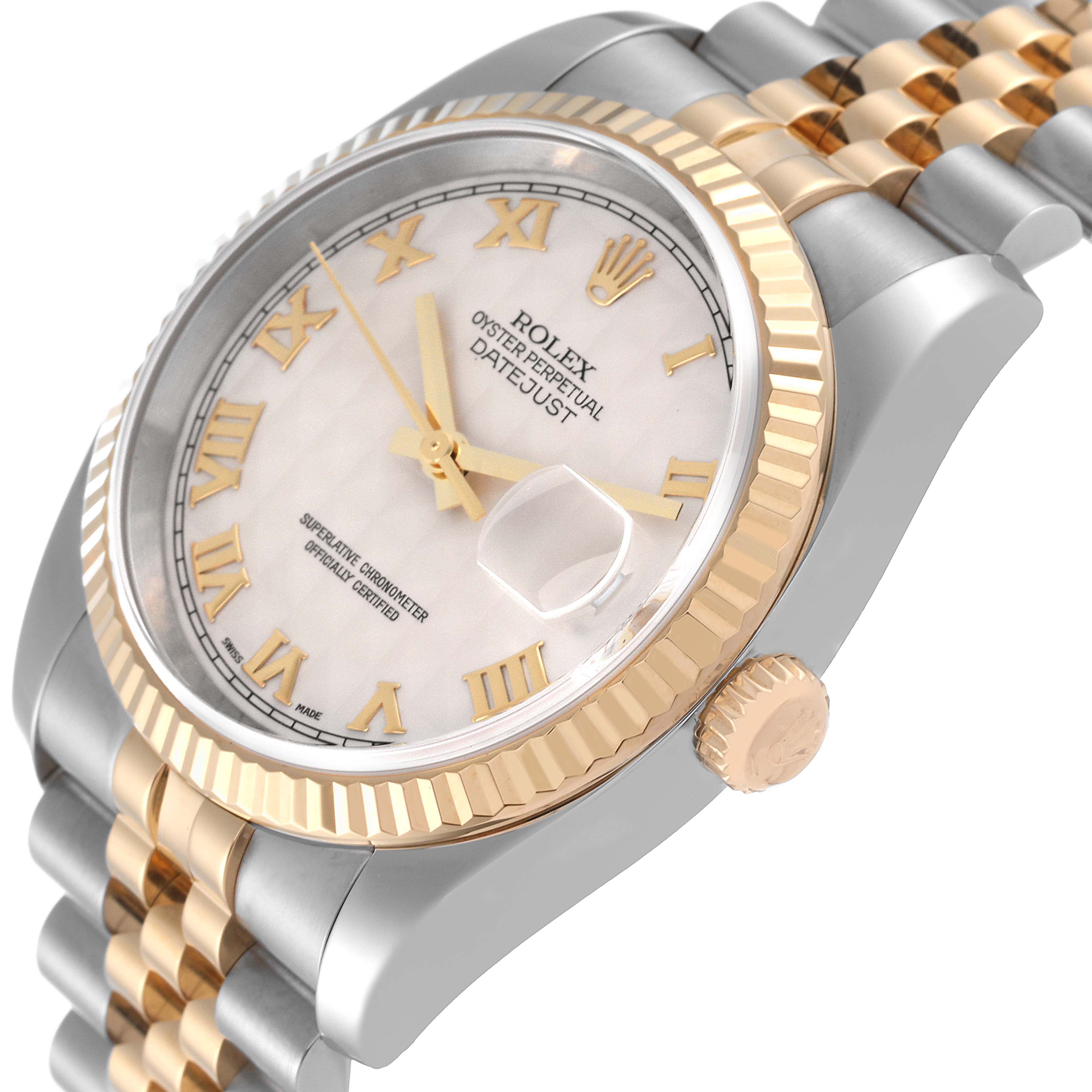 The image shows a close-up angle of the Rolex Datejust 116233 Men's Steel and Gold (two tone) Beige Dial 116233 Men's Steel and Gold (two tone) Beige Dial watch, focusing on the dial, bezel, and part of the bracelet.