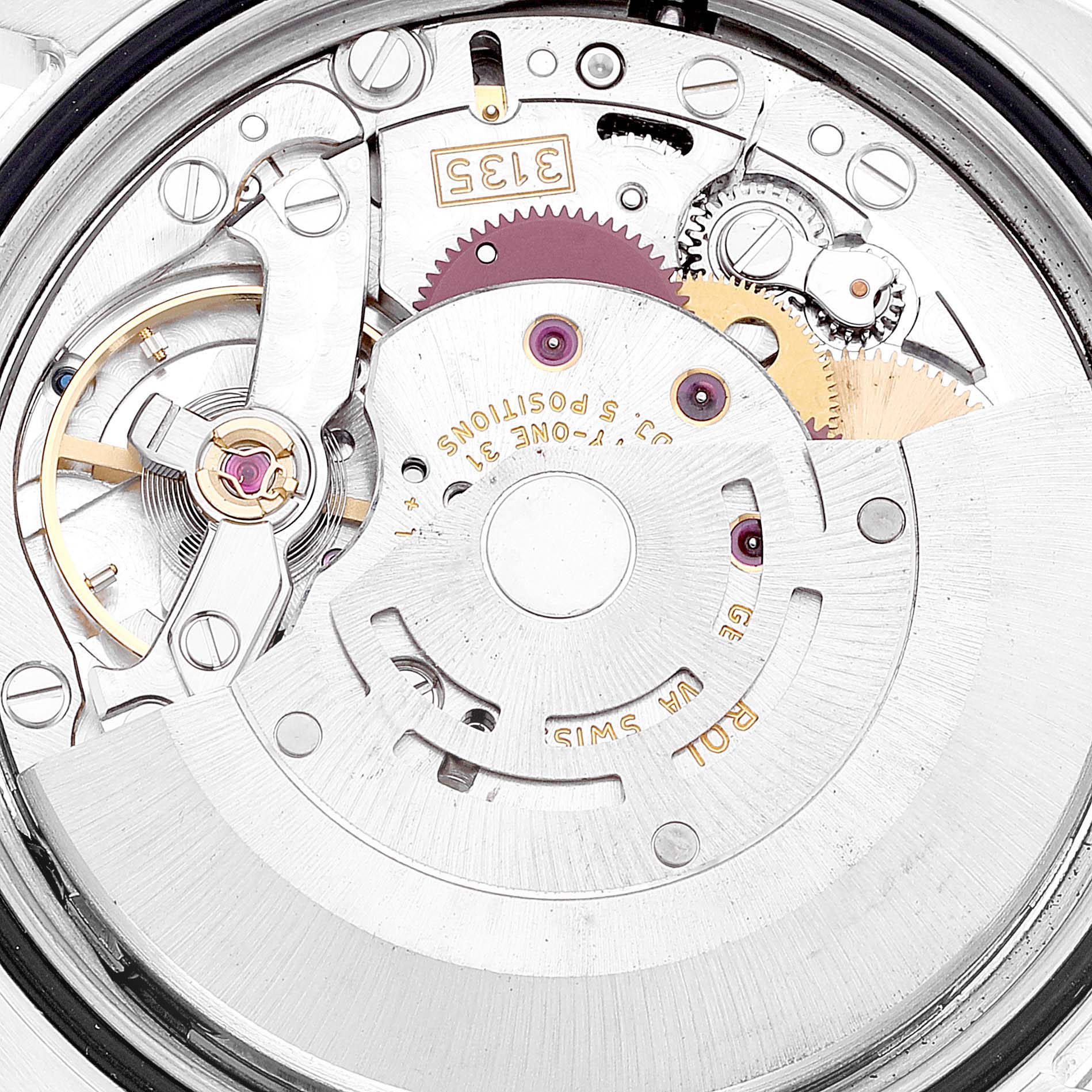Close-up shot of the internal mechanism of a Rolex Datejust 116233 Men's Steel and Gold (two tone) Beige Dial 116233 Men's Steel and Gold (two tone) Beige Dial watch, showcasing gears and intricate components.