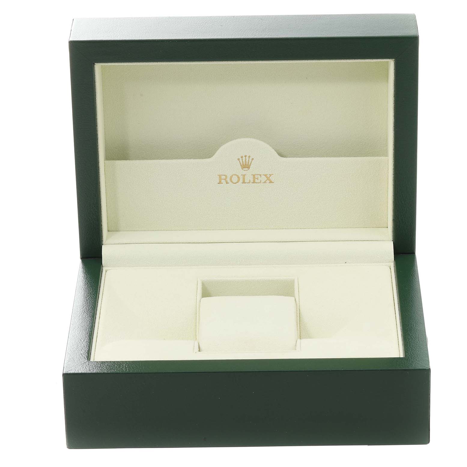 This image shows an open Rolex Datejust 116233 Men's Steel and Gold (two tone) Beige Dial 116233 Men's Steel and Gold (two tone) Beige Dial watch box, highlighting its interior compartments and logo.