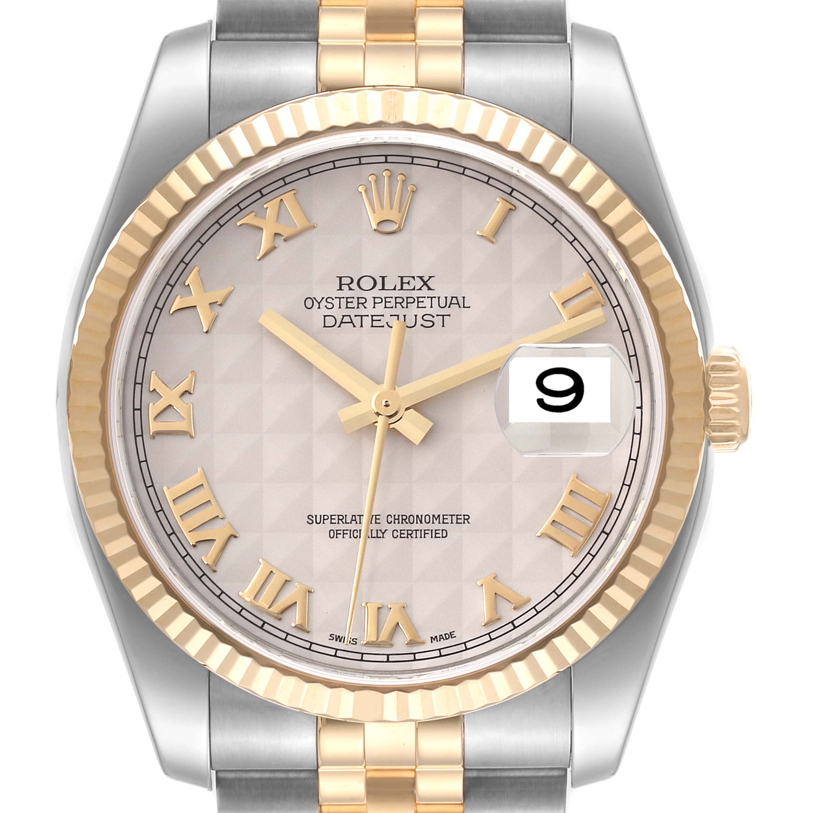 This Rolex Datejust 116233 Men's Steel and Gold (two tone) Beige Dial 116233 Men's Steel and Gold (two tone) Beige Dial watch is shown from the front, highlighting the dial, bezel, hands, and part of the bracelet.
