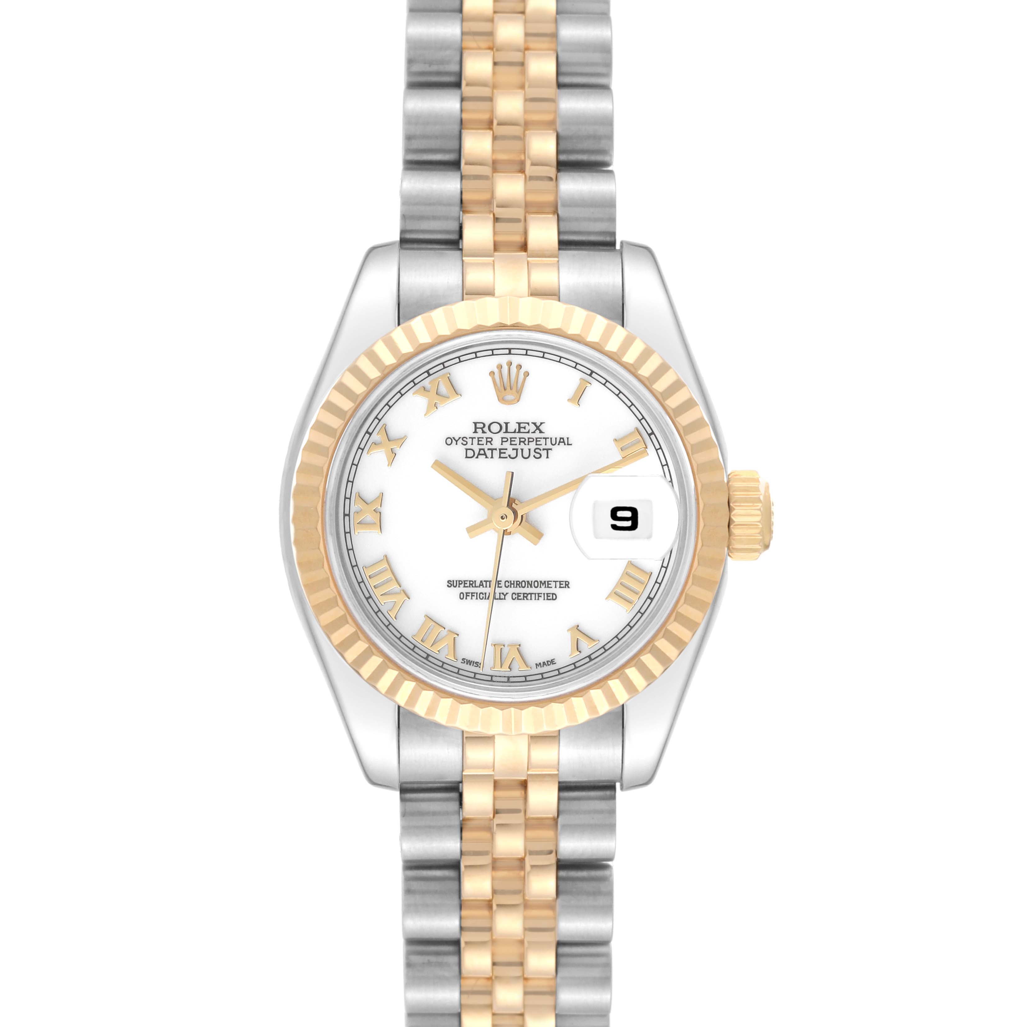 The image shows a frontal view of a Rolex Datejust 179173 Women's Steel and Gold (two tone) White Dial 179173 Women's Steel and Gold (two tone) White Dial watch, highlighting its white dial, gold bezel, and two-tone bracelet.