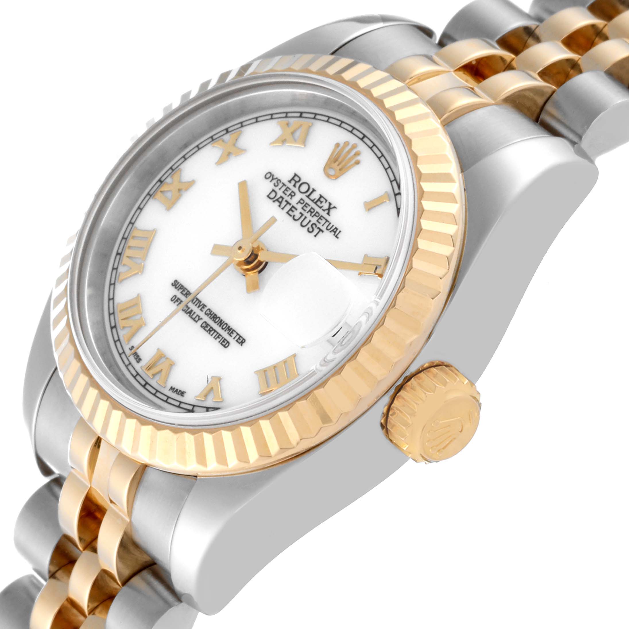 The image shows the Rolex Datejust 179173 Women's Steel and Gold (two tone) White Dial 179173 Women's Steel and Gold (two tone) White Dial watch at a side angle, highlighting the crown, bezel, and part of the bracelet.