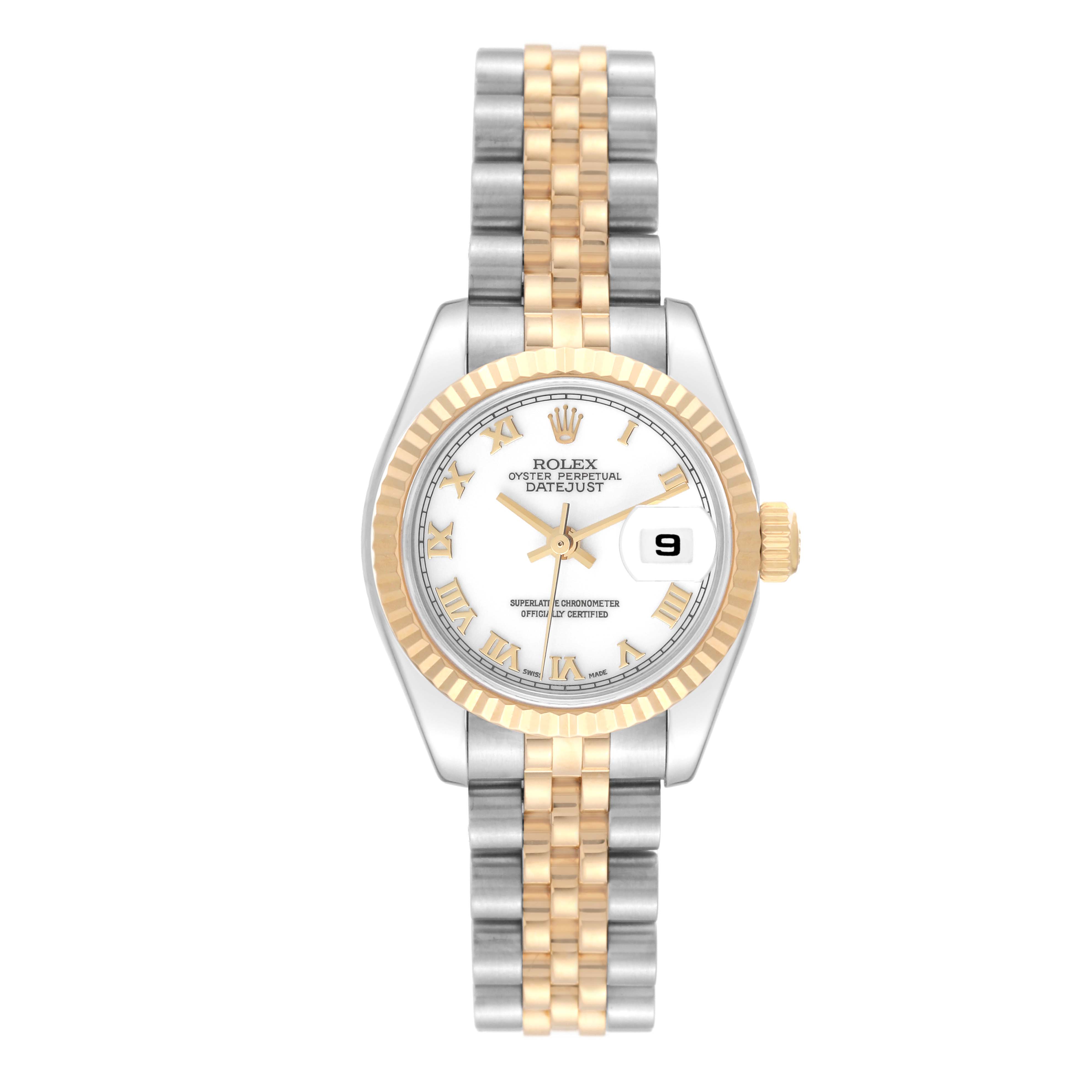 This image shows a front view of the Rolex Datejust 179173 Women's Steel and Gold (two tone) White Dial 179173 Women's Steel and Gold (two tone) White Dial watch with a two-tone band and white dial.