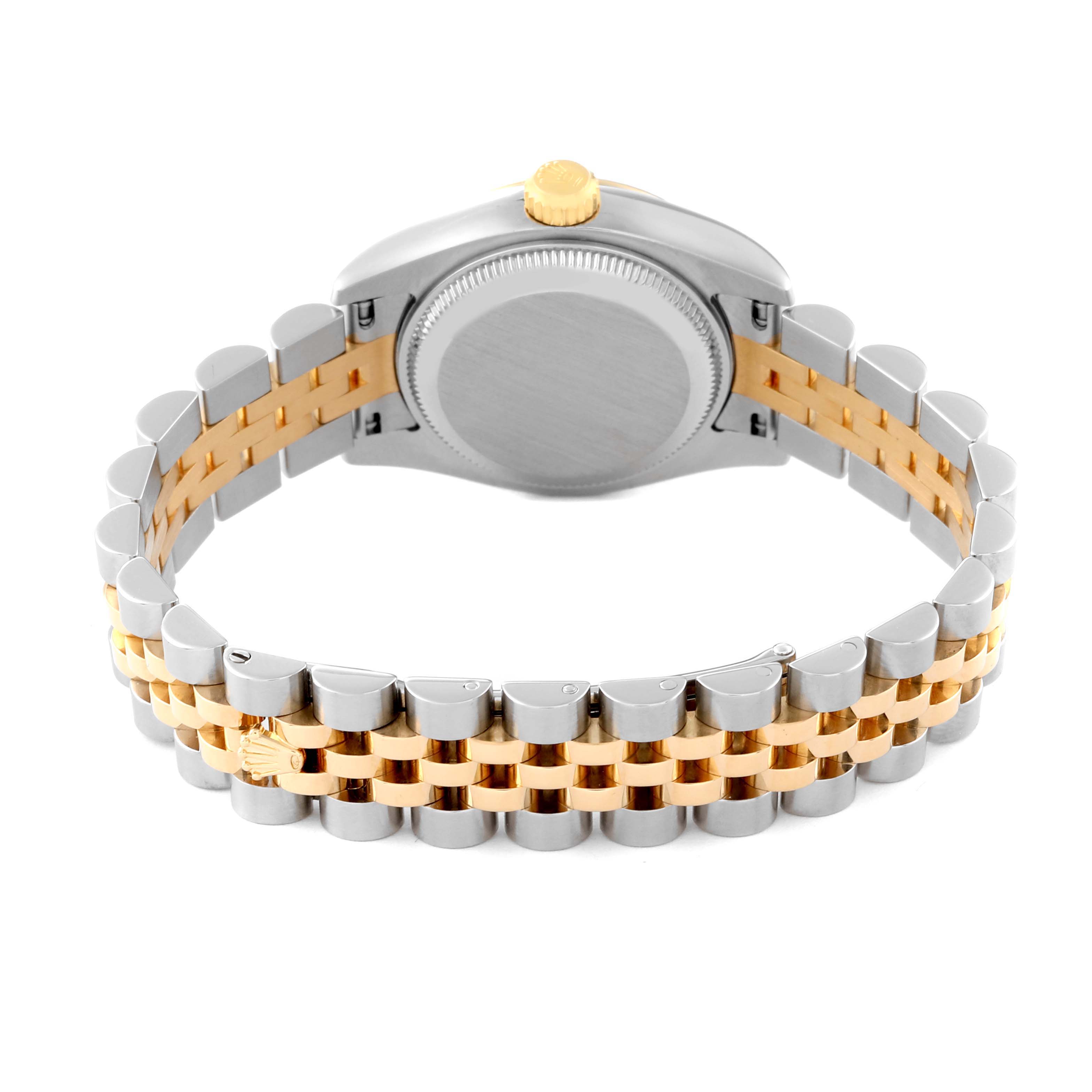 This image shows the back of the Rolex Datejust 179173 Women's Steel and Gold (two tone) White Dial 179173 Women's Steel and Gold (two tone) White Dial watch, highlighting its bracelet and case back.