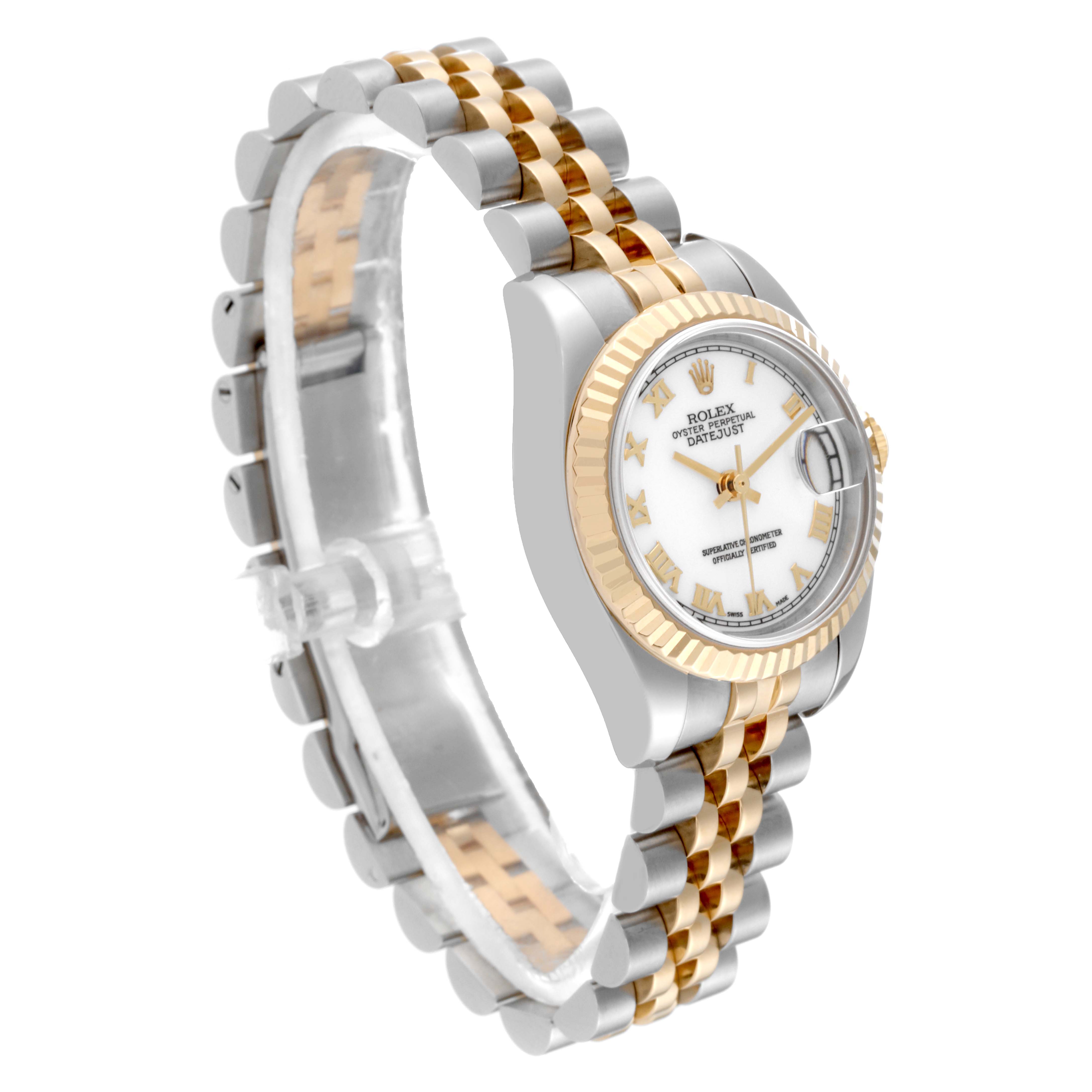 This image shows a Rolex Datejust 179173 Women's Steel and Gold (two tone) White Dial 179173 Women's Steel and Gold (two tone) White Dial watch at a three-quarter angle, highlighting its gold and silver bracelet and fluted bezel.