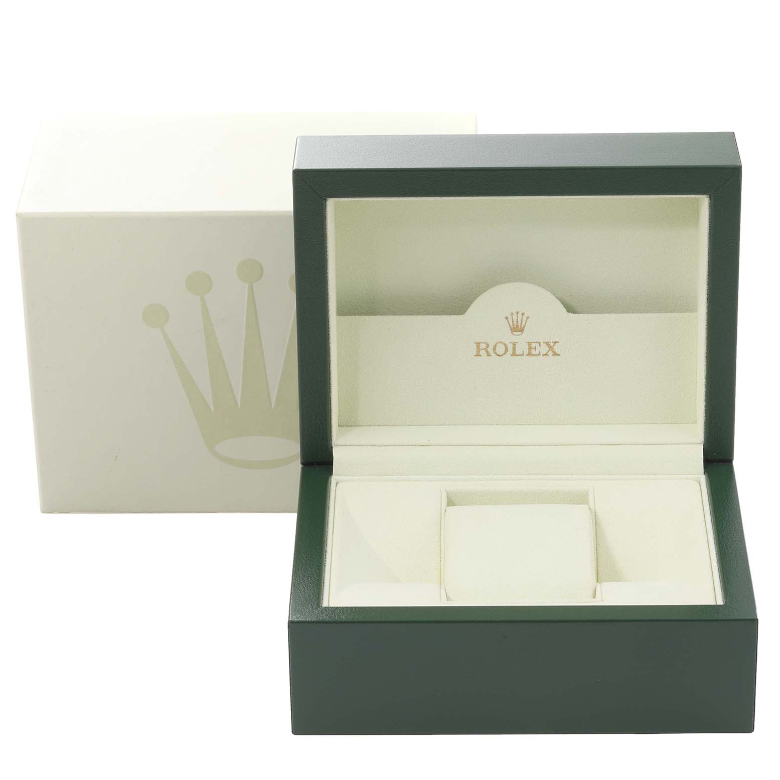 The image shows an open Rolex Datejust 16233 Men's Steel and Gold (two tone) White Dial 16233 Men's Steel and Gold (two tone) White Dial watch box with a separate outer box behind it.