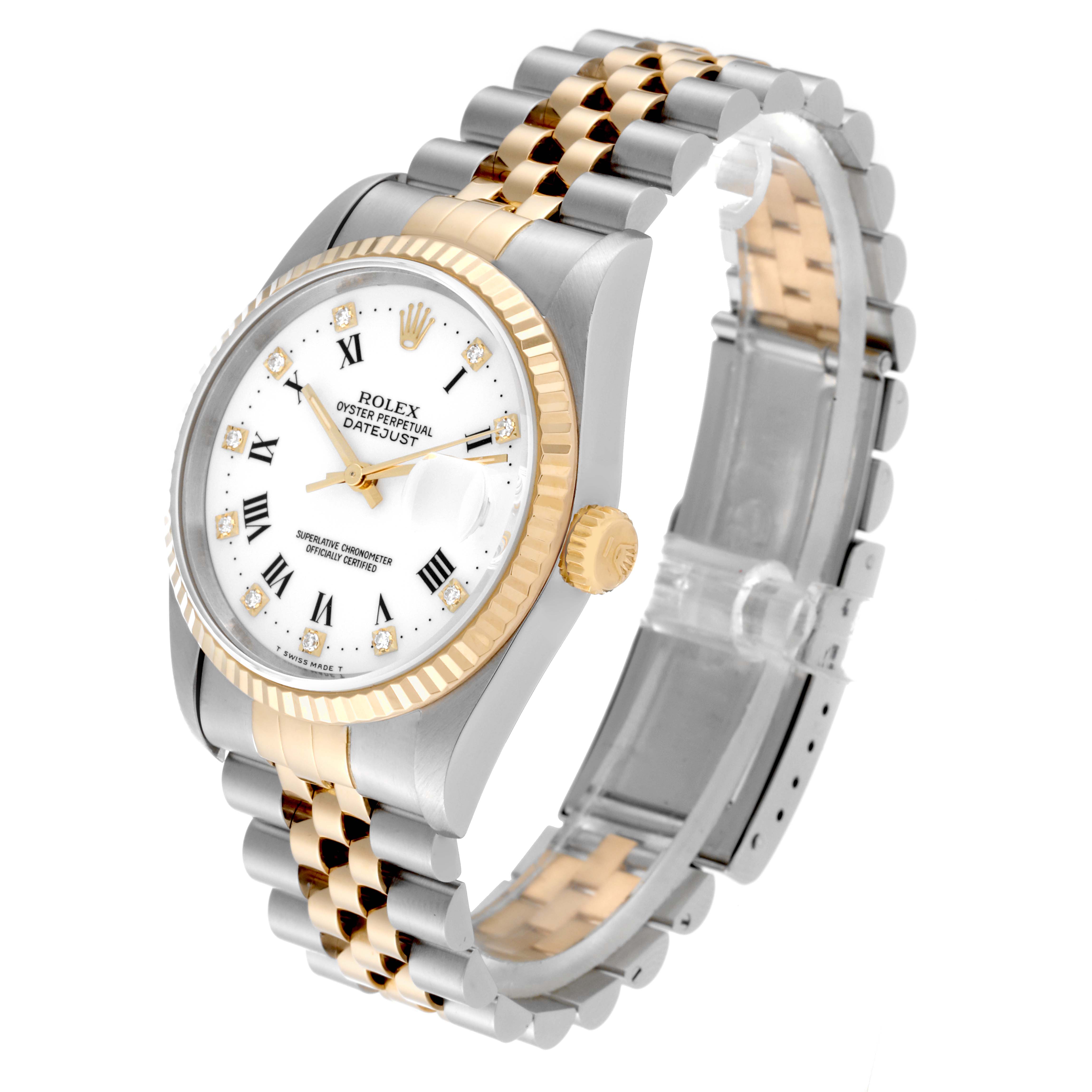 The image shows a side perspective of a Rolex Datejust 16233 Men's Steel and Gold (two tone) White Dial 16233 Men's Steel and Gold (two tone) White Dial watch, highlighting the face, bezel, and two-tone metal bracelet.