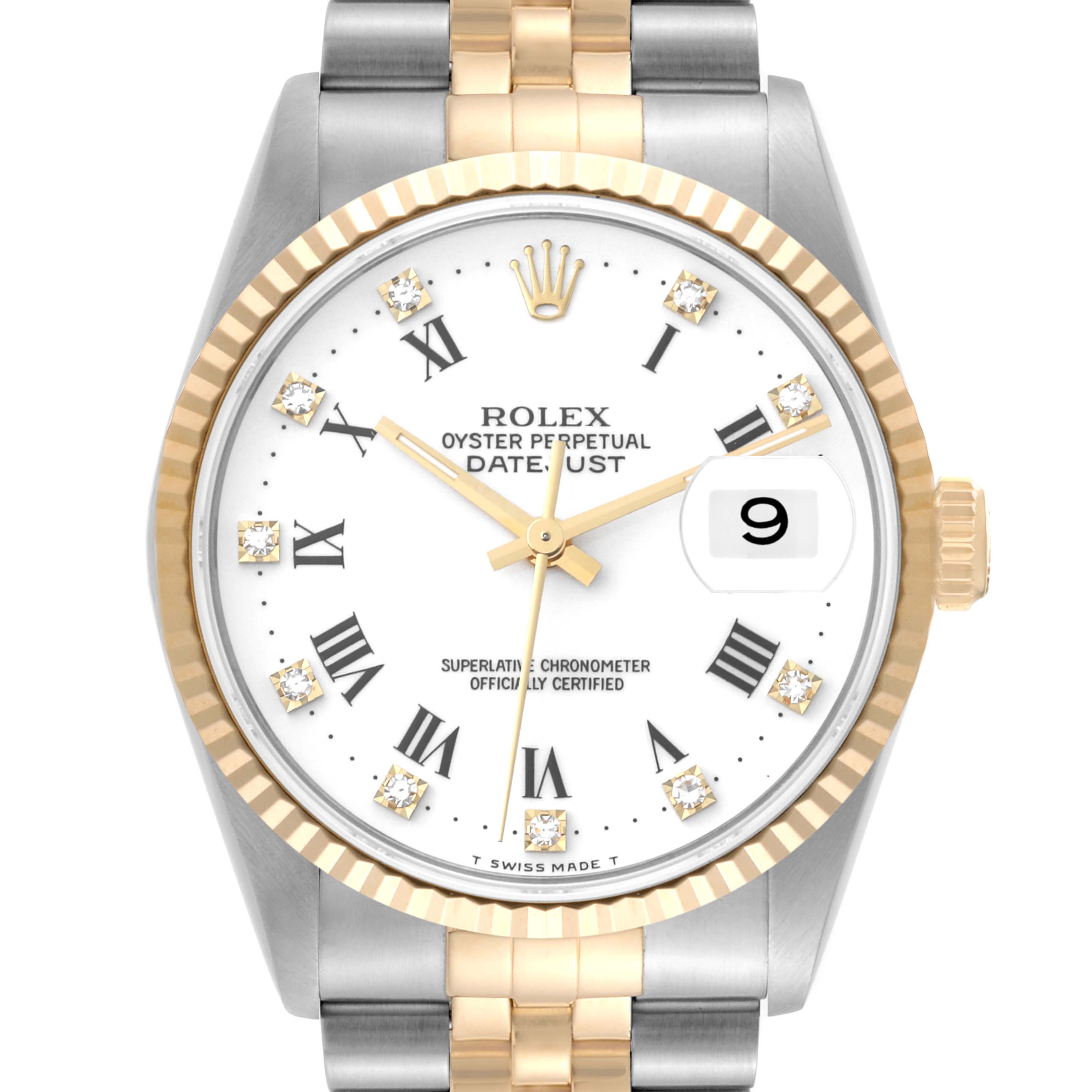 This is a close-up of the Rolex Datejust 16233 Men's Steel and Gold (two tone) White Dial 16233 Men's Steel and Gold (two tone) White Dial watch showcasing its dial, fluted bezel, and part of the two-tone bracelet.